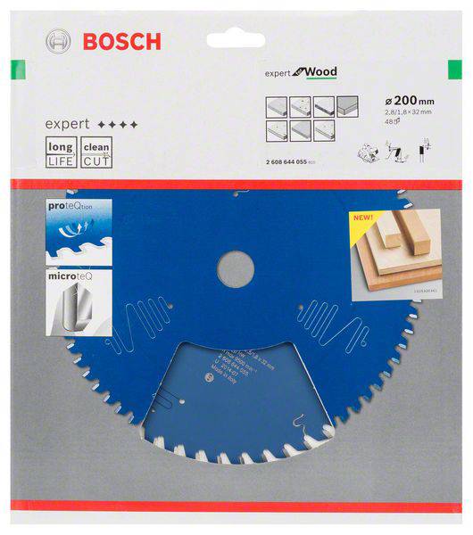 Bosch Sägeblattverpackung mit blauem Sägeblatt für Holz. Auf der Verpackung sind Symbole für Lebensdauer und Qualität abgebildet.