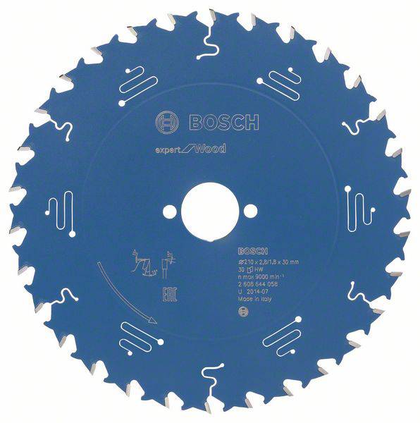 Kreissägeblatt für Holz, Marke Bosch, blau mit weißen Akzentlinien. Text: ‚expert for Wood‘. Geeignet für präzises Schneiden.