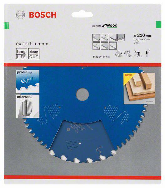 Blaue Bosch-Sägeblatt-Verpackung, geeignet für Holz. Durchmesser 210 mm und 30 Zähne. Hervorgehobene Merkmale: lange Lebensdauer, sauberer Schnitt.