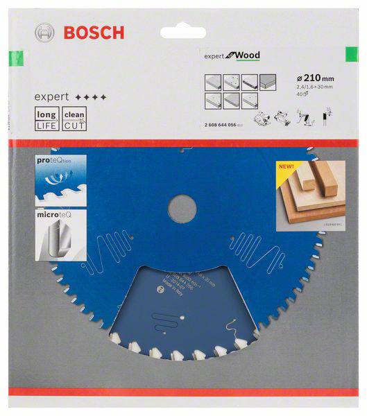 Bosch Expert Kreissägeblatt für Holz, Ø 210 mm, langes Leben, saubere Schnitte, geeignet für versch. Holzarten. Verpackung zeigt Details der Schutzbeschichtungen und Besondereigenschaften.