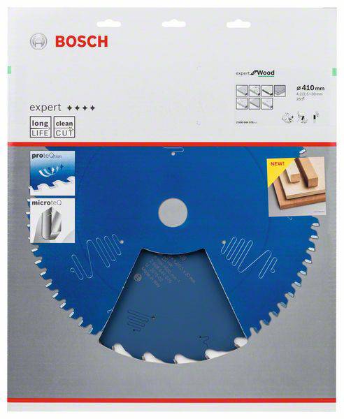 Eine blaue Bosch Kreissägeblatt-Verpackung, geeignet für Holz. Verpackung zeigt Logos für 'long life', 'clean cut', und Anwendungsbeispiele.