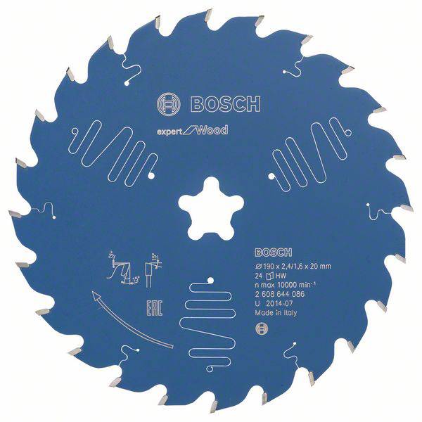 Kreissägeblatt mit 24 Zähnen, markiert 'BOSCH expert for Wood'. Blaues Design, geeignet für Holzarbeiten. Made in Italy.