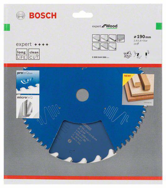 'Bosch'-Verpackung mit blauem Sägeblatt für Holz. Produktmerkmale: langlebig, präziser Schnitt, 190mm Durchmesser.