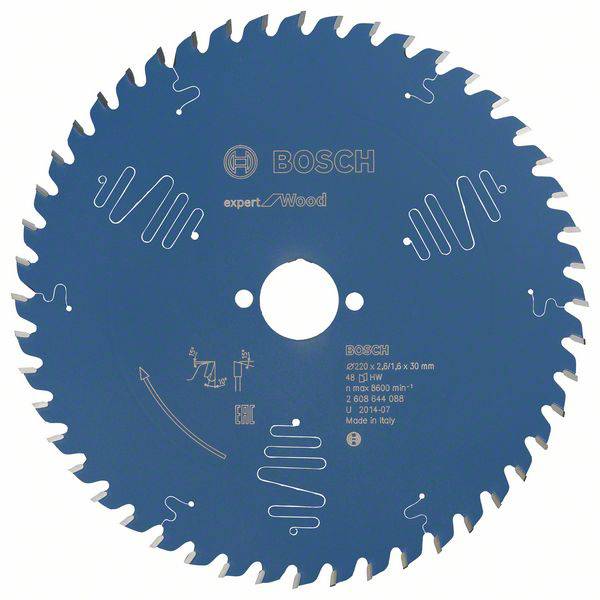 Kreissägeblatt von Bosch, speziell für Holz. Modell: Expert for Wood, Durchmesser 216 mm, 48 Zähne, Umdrehungszahl: 5600 min-1.