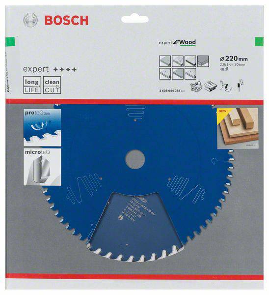 Kreissägeblatt von Bosch für Holz, Durchmesser 220 mm. Verpackung zeigt Abbildungen der Schnitteigenschaften und Materialkompatibilität.
