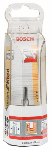 Produktverpackung eines Bosch-Holzfräsers, geeignet für saubere Schnitte, enthält technische Details wie '8 mm' und '12,7 mm'.