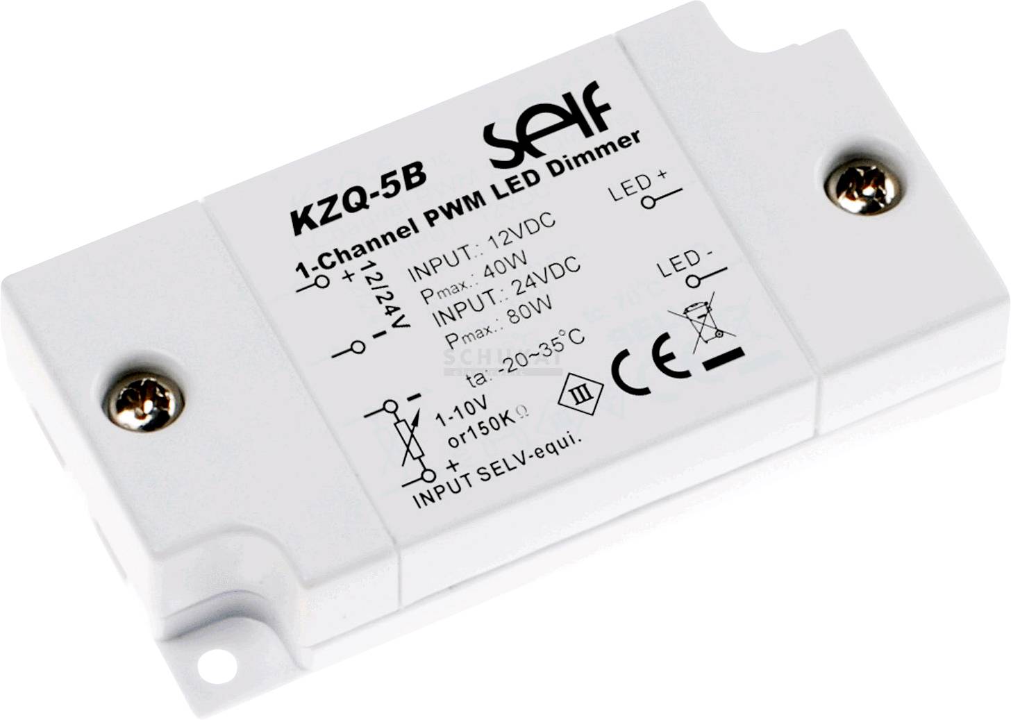 1-Kanal PWM LED-Dimmer, Modell KZQ-5B, für 12-24V. Maximale Eingangsleistung: 40W bei 12V, 80W bei 24V. Betriebsbereich: -20 bis 35°C.