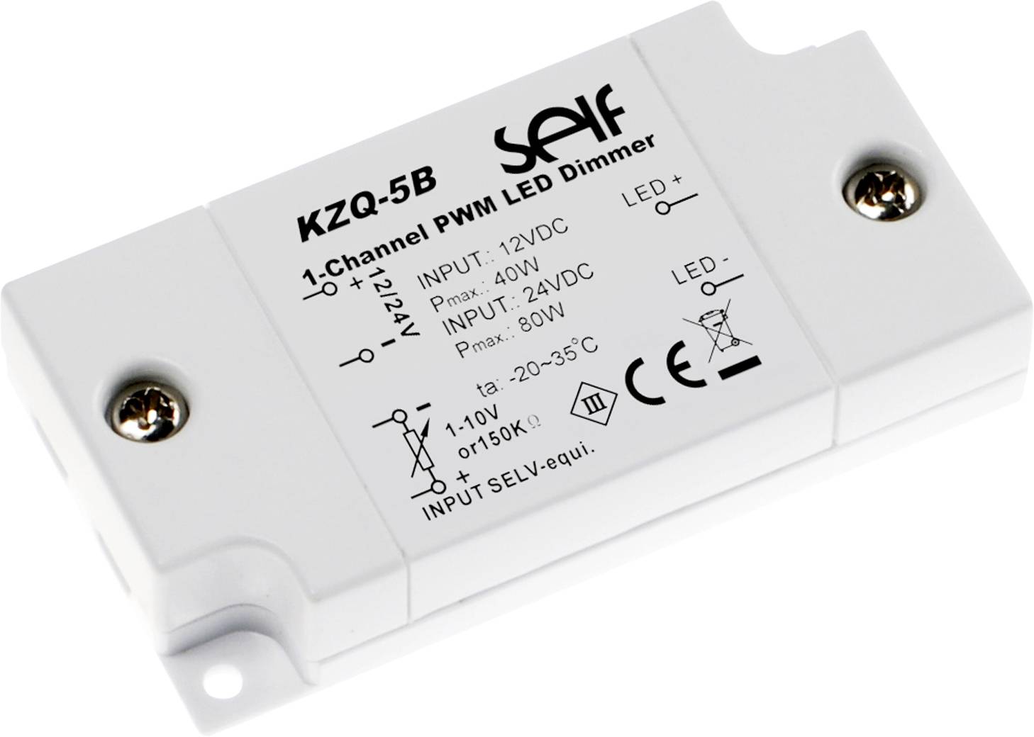 Ein weißer, rechteckiger 1-Kanal PWM LED-Dimmer mit Anschlüssen, speist 12-24V DC, max. 80W, geeignet für Temperaturbereich -20 bis 35°C.