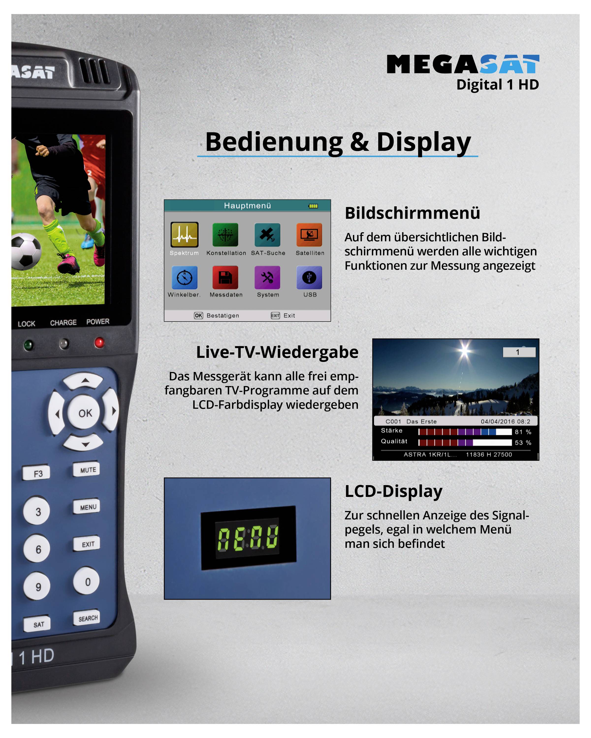'Bedienung & Display' eines digitalen Messgeräts mit Anweisungen zur Nutzung des Bildschirmmenüs, Live-TV-Wiedergabe und LCD-Display.