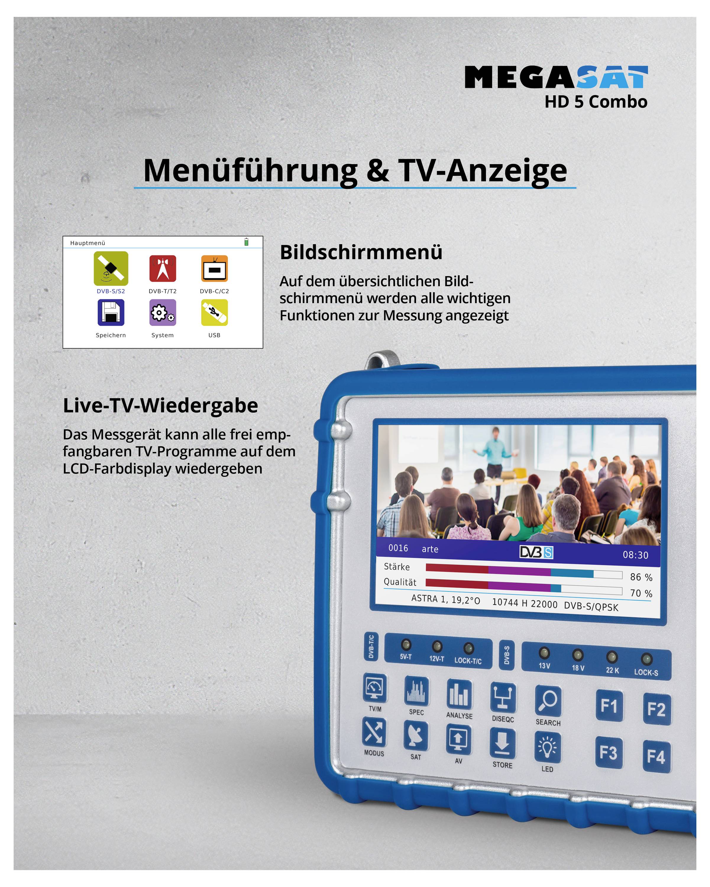 'MEGASAT HD 5 Combo' mit Bildschirmenü und Live-TV-Wiedergabe. Zeigt Funktionen für Messungen und TV-Programme auf LCD-Farbdisplay.