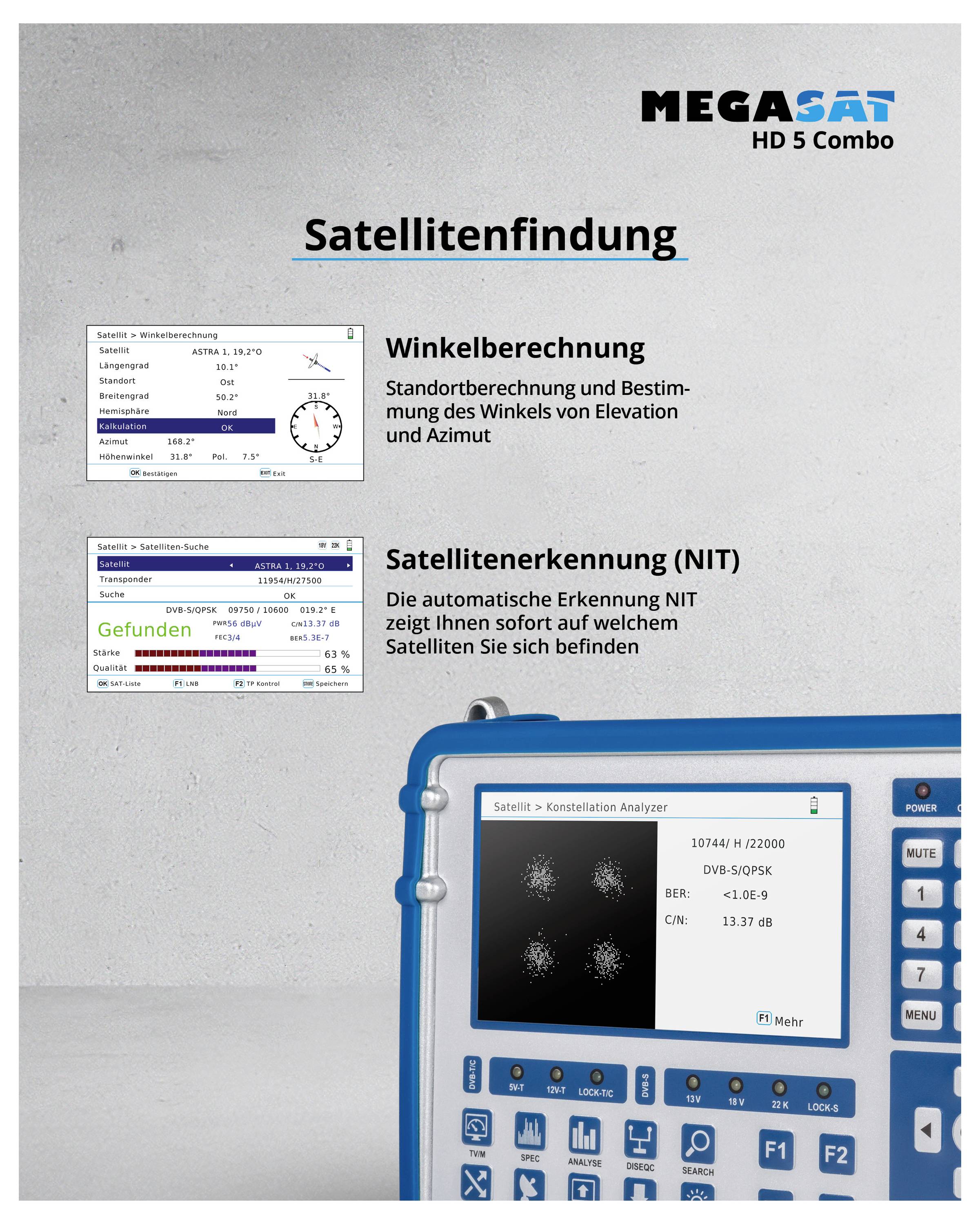 'Satellitenfindung' Prospekt mit Details zur 'Winkelberechnung' und 'Satellitenerkennung (NIT)'. Enthält Geräteabbildungen und technische Informationen.