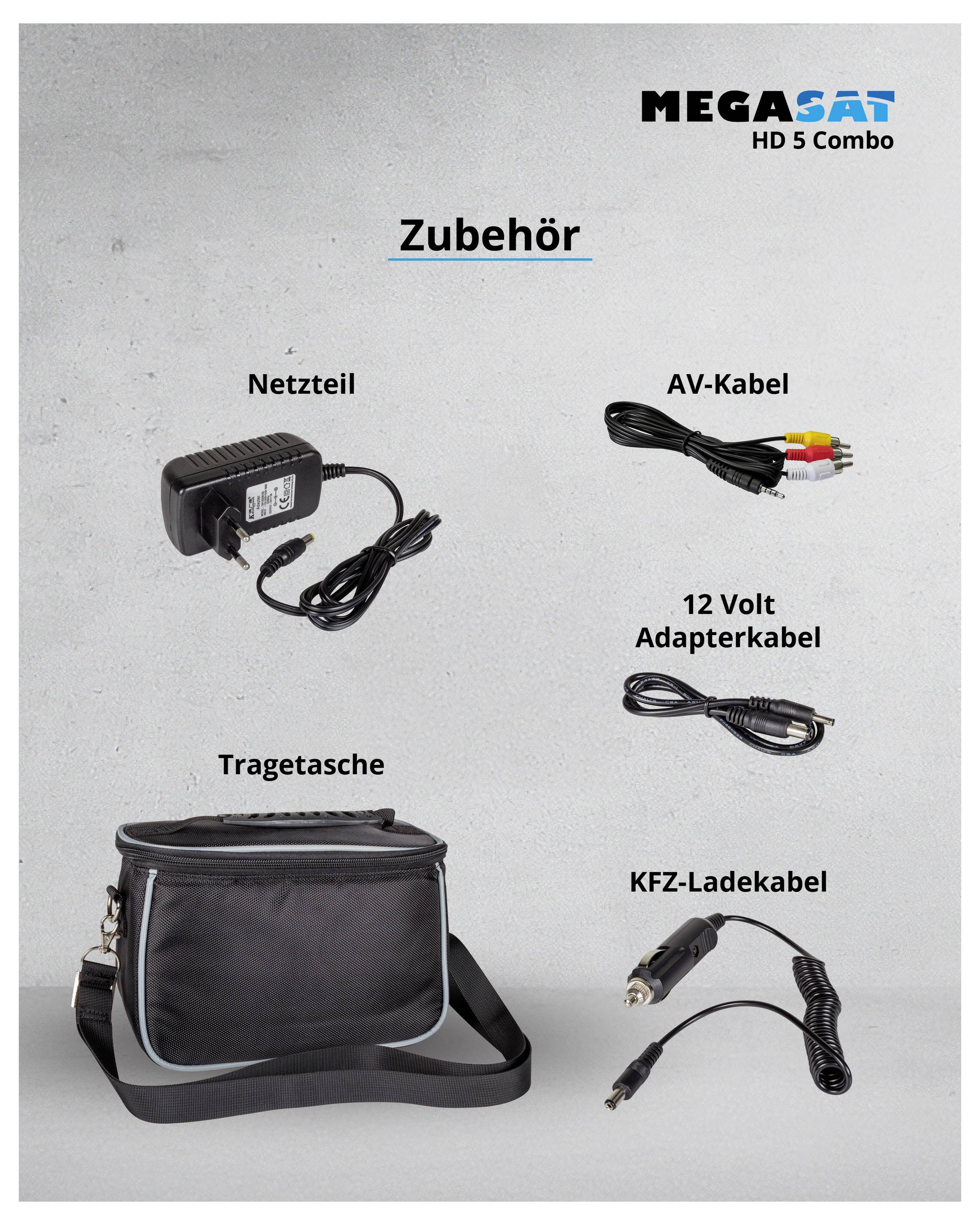 Plakat mit Zubehör für MEGASAT HD 5 Combo: Netzteil, AV-Kabel, 12 Volt Adapterkabel, Tragetasche und KFZ-Ladekabel.