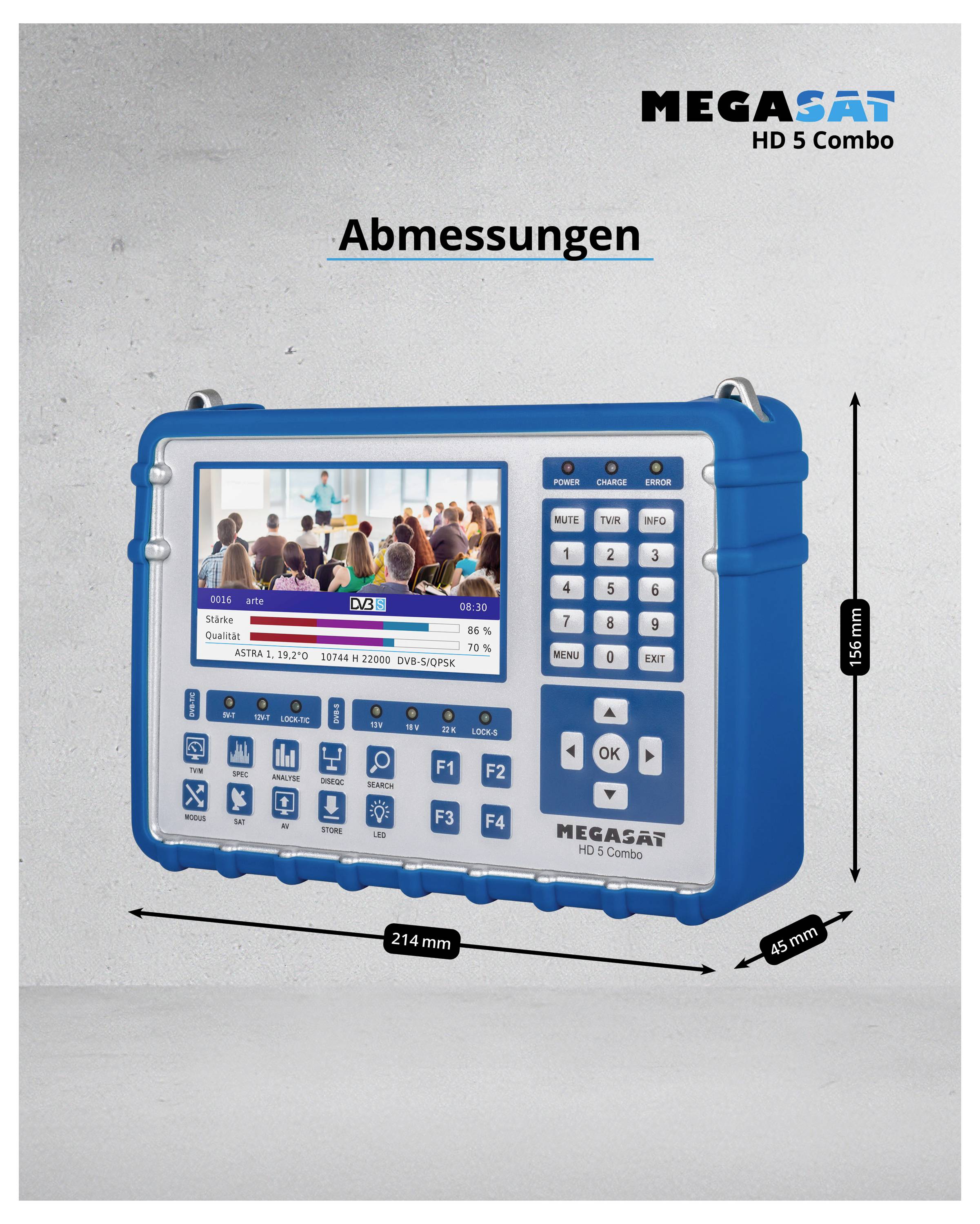 Ein blaues Messgerät mit Bildschirm und Tasten, Maße: 214 mm x 45 mm x 145 mm. Die Anzeige zeigt technische Details.