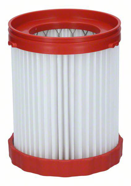 Roter, zylindrischer Staubsaugerfilter mit weißen, gefalteten Seiten.