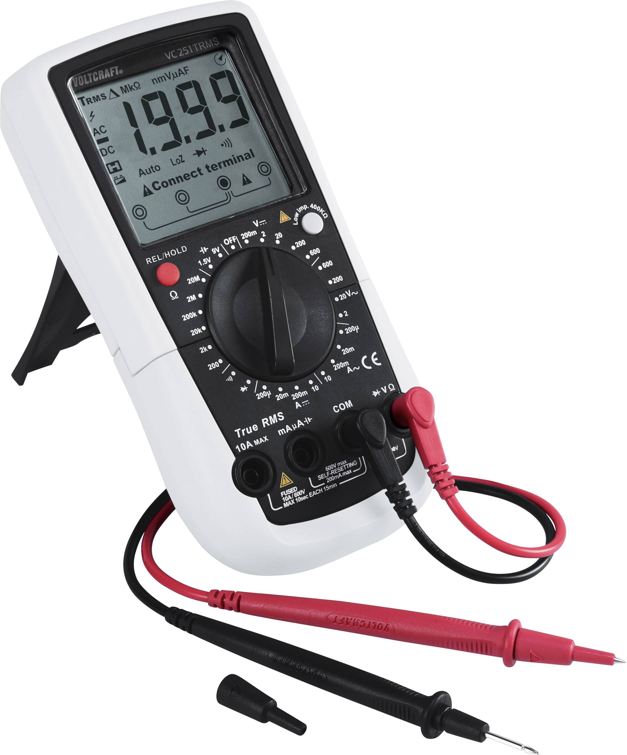 Digitalmultimeter mit weißem Gehäuse, Drehknopf, Display zeigt '19.9'. Schwarze und rote Messkabel angeschlossen.