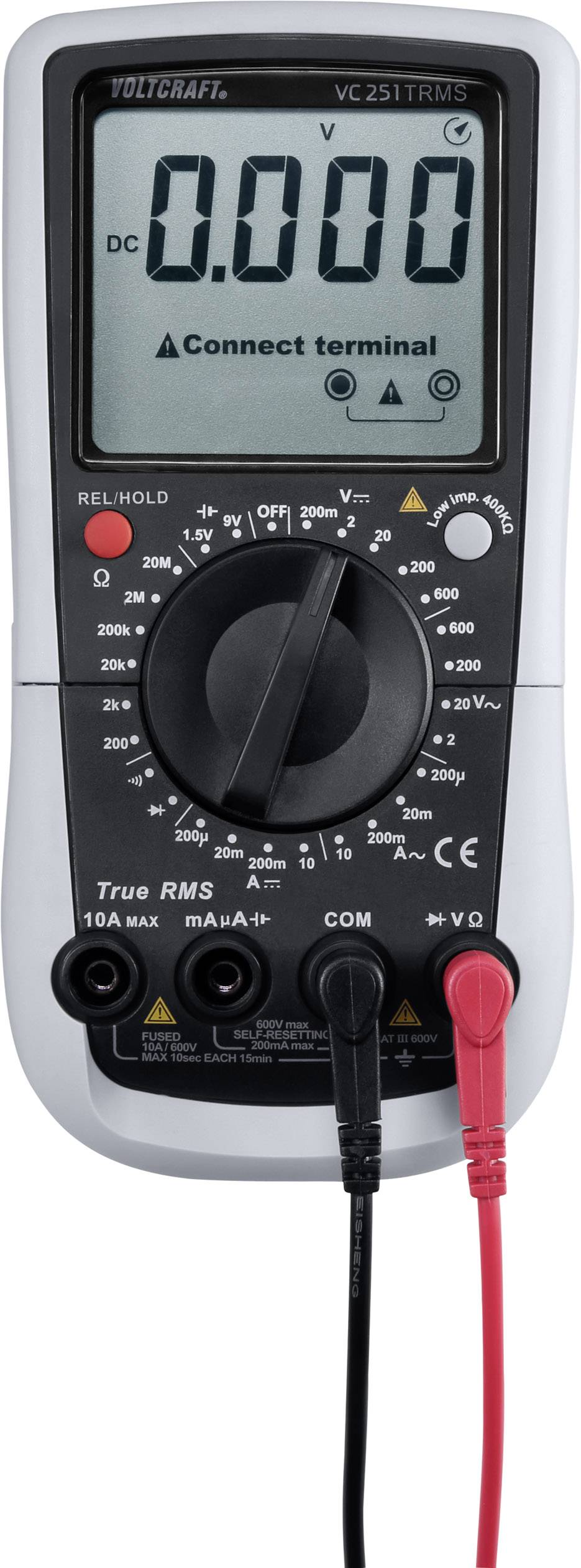 Digitales Multimeter auf Anzeige '0.000' mit schwarzen und roten Messleitungen. Einstellung auf Gleichspannung.