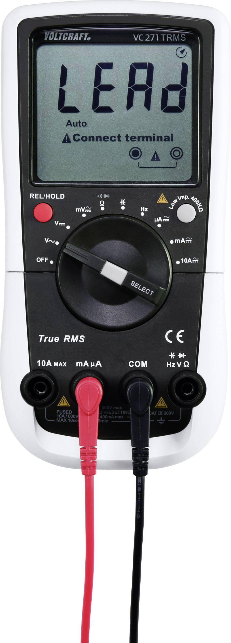 'Voltcraft VC271 TRMS Multimeter' mit Anzeige 'LEAd', Drehschalter, Messbuchsen für Spannung und Stromstärke, rote und schwarze Messkabel verbunden.