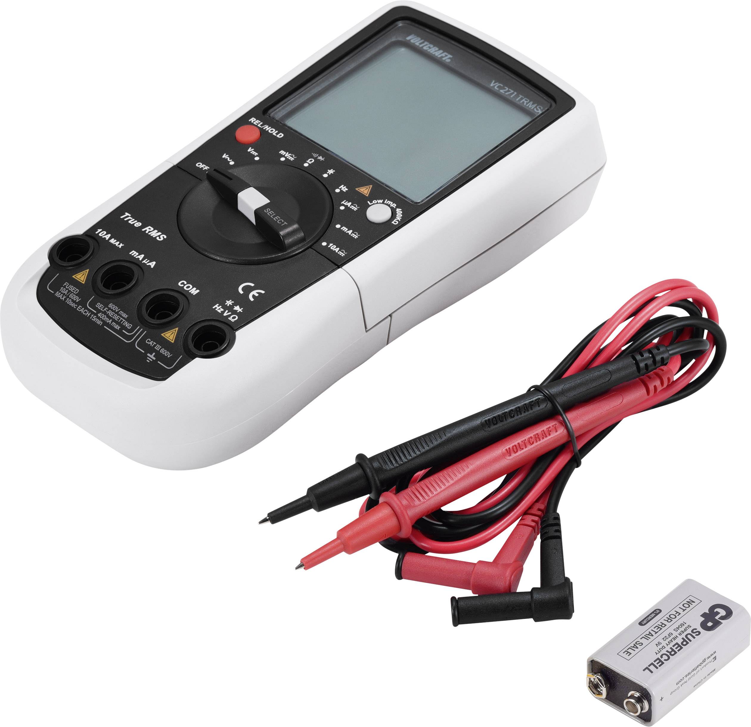 Multimeter mit Messleitungen und einer 9V-Batterie, geeignet zum Messen von Spannung, Strom und Widerstand in elektronischen Geräten.