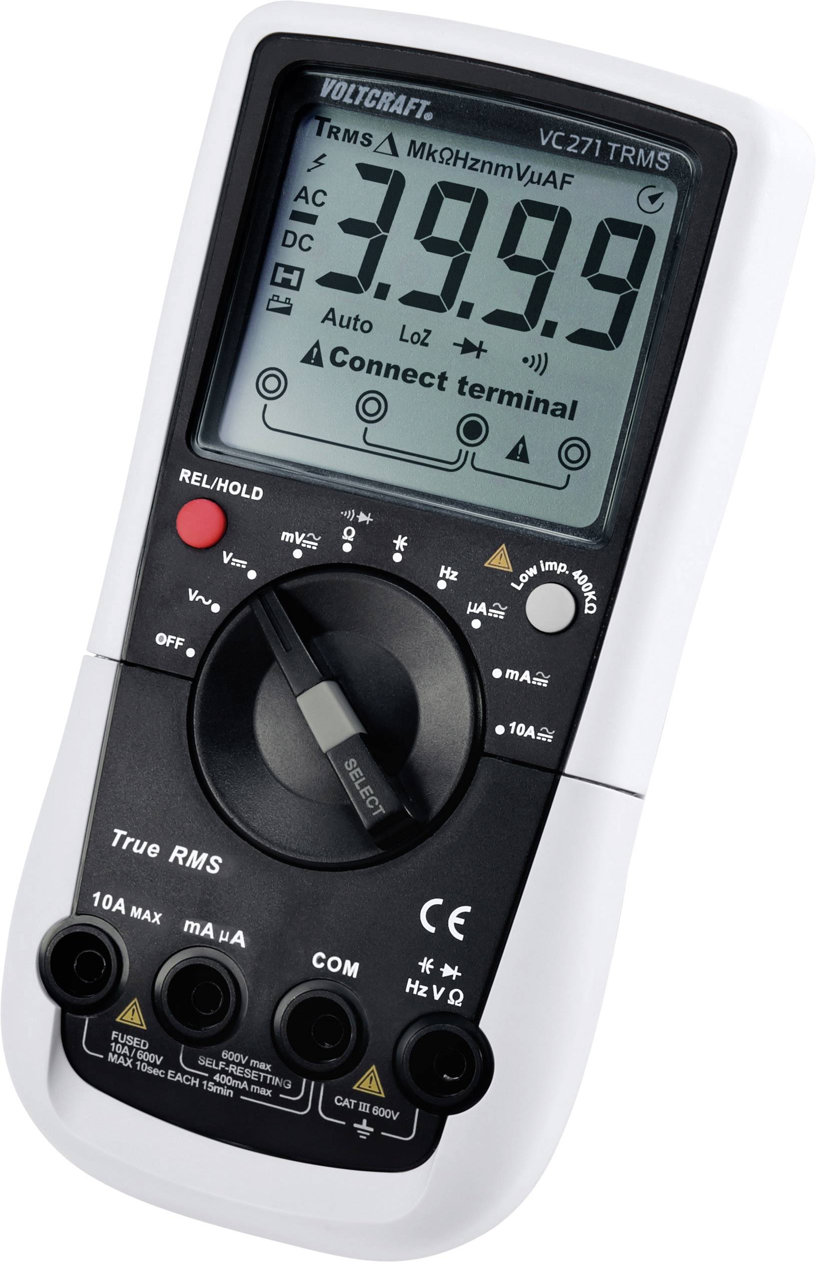Digitales Multimeter mit Messbereichsanzeige von 39,99, Drehknopf für verschiedene Messmodi und Buchsen für Messleitungen.