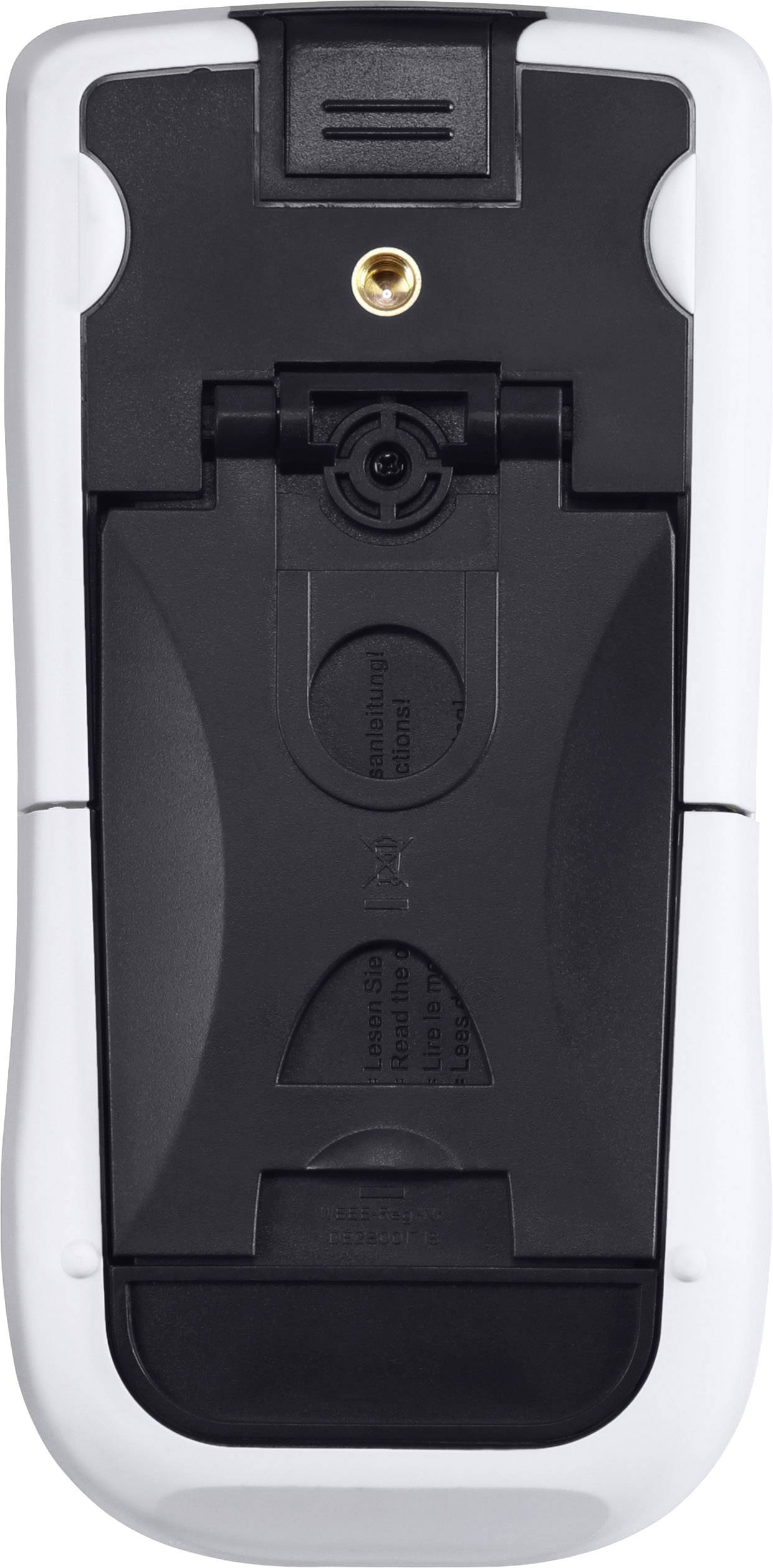 Die Rückseite eines Fernbedienungsgehäuses mit Batteriefach und Schraubverschluss, umgeben von einem weißen Rahmen.