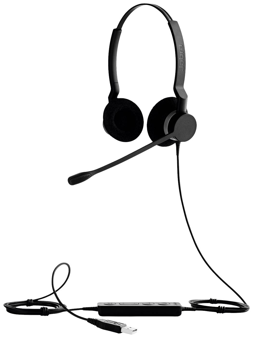 Ein schwarzes Headset mit Mikrofon und USB-Anschluss, geeignet für Computer oder Callcenter-Anwendungen.