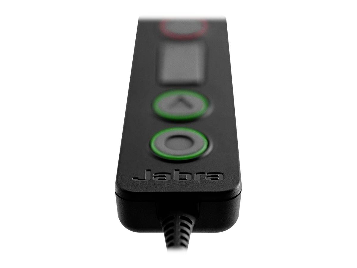 Eine schwarze Fernbedienung mit drei runden Knöpfen, zwei davon grün beleuchtet. Markenname 'Jabra' sichtbar.