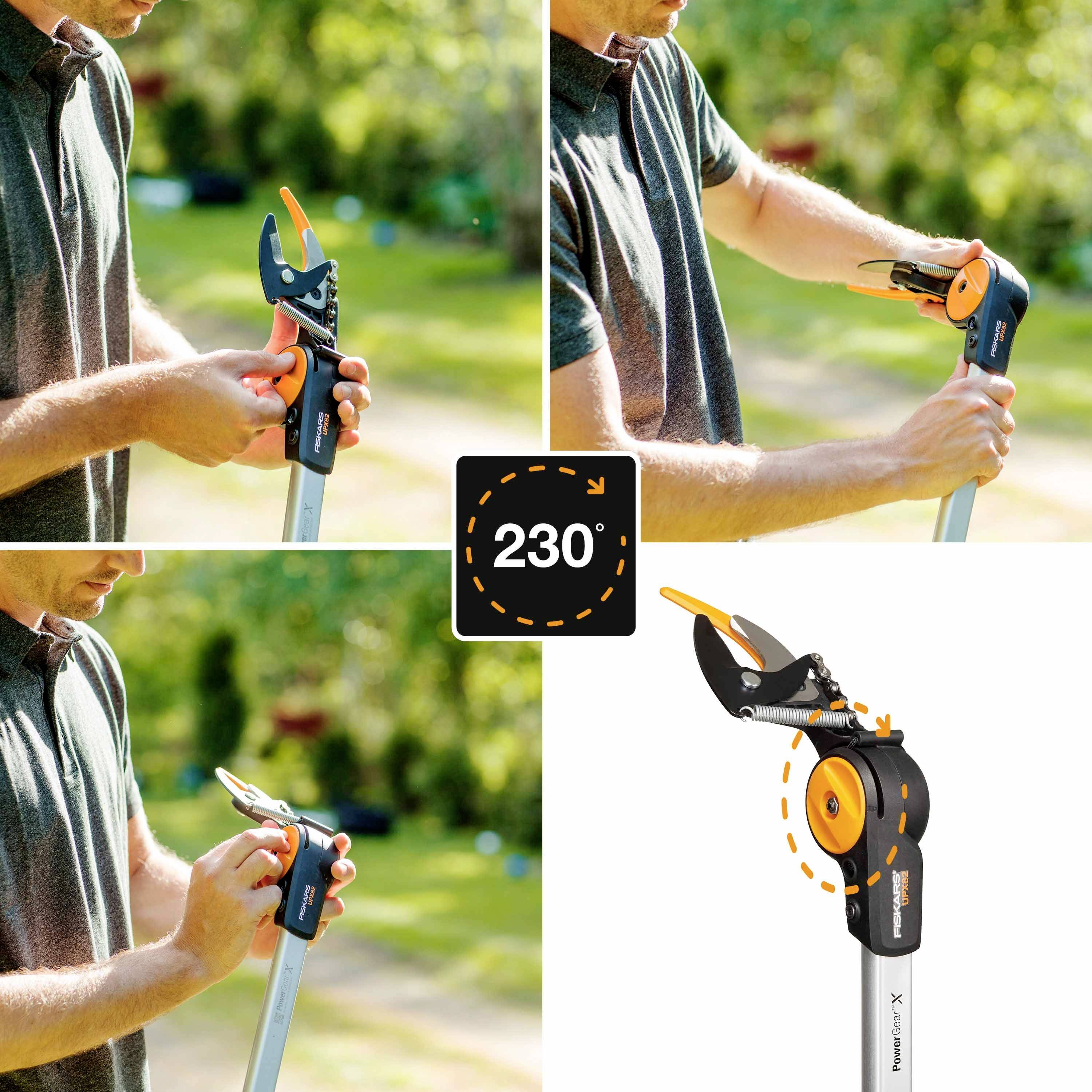 Eine Gartenschere wird von einer Person in verschiedenen Winkeln eingestellt, um eine flexible Schneidposition von 230° zu demonstrieren.
