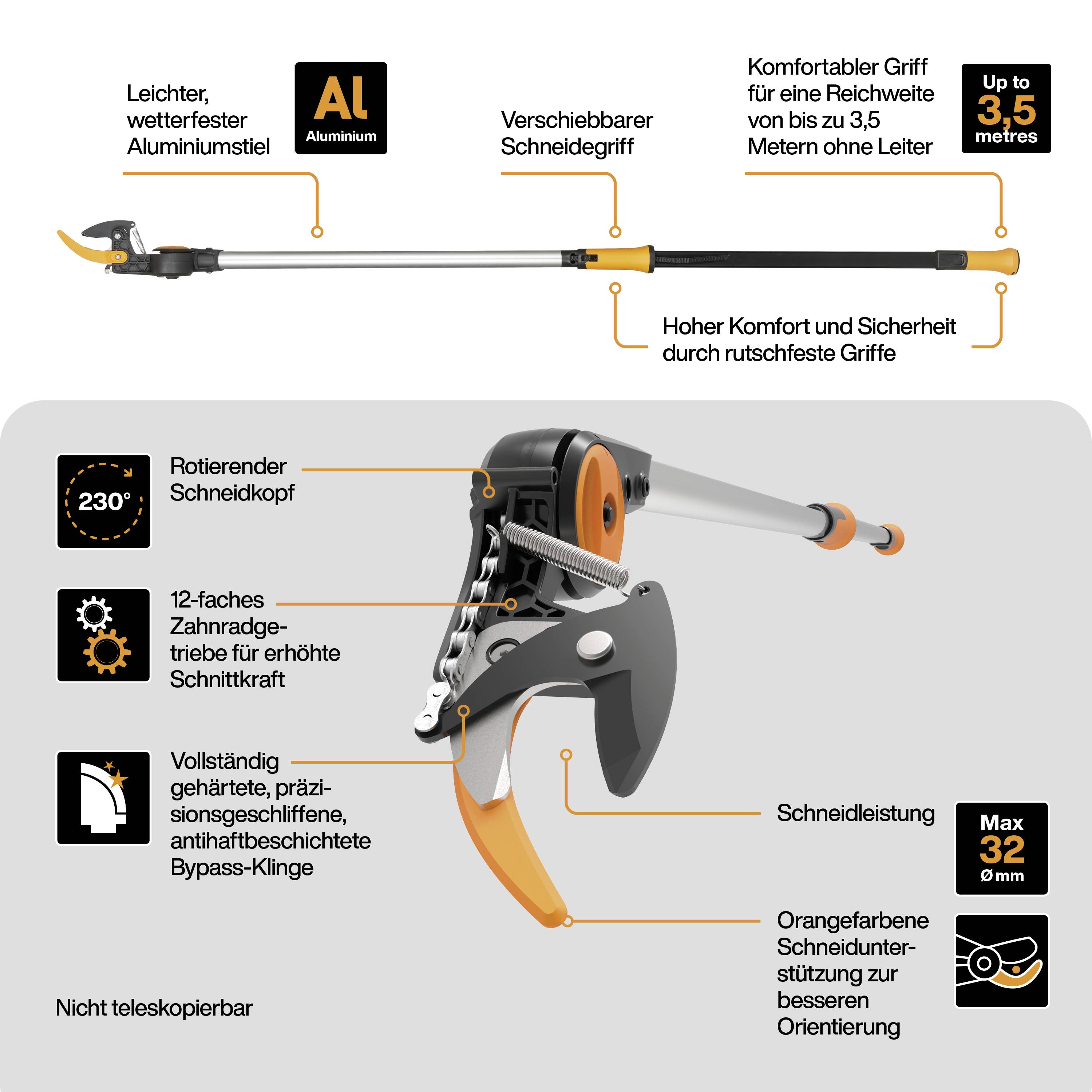 Produktmerkmale von ergonomischem Baumschneider: Aluminiumstiel, bis 3,5m Reichweite, rotierender Kopf, 12-fach Getriebe, 32mm Schnittleistung.