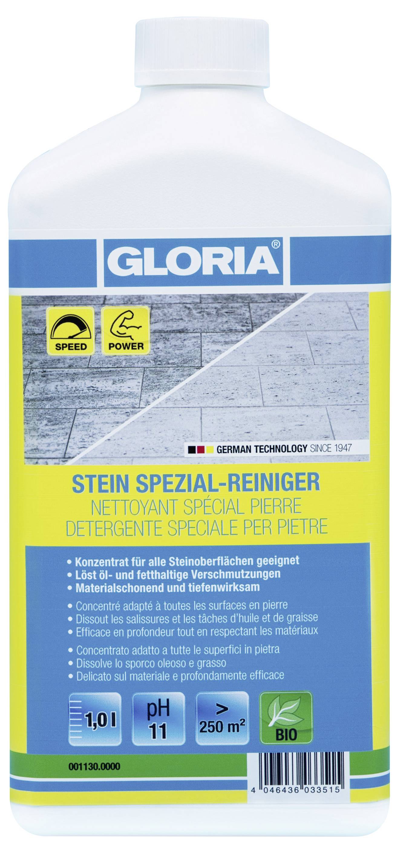 GLORIA Fleck- und Reiniger in einer Flasche mit blau-gelbem Etikett, mit Geschwindigkeits- und Kraftsymbolen, 