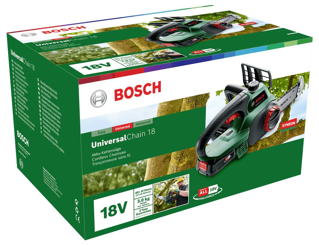 Bosch Home and Garden UniversalChain 18 Akku Kettensäge inkl. Akku, mit Schutzbügel Schwertlänge 200mm