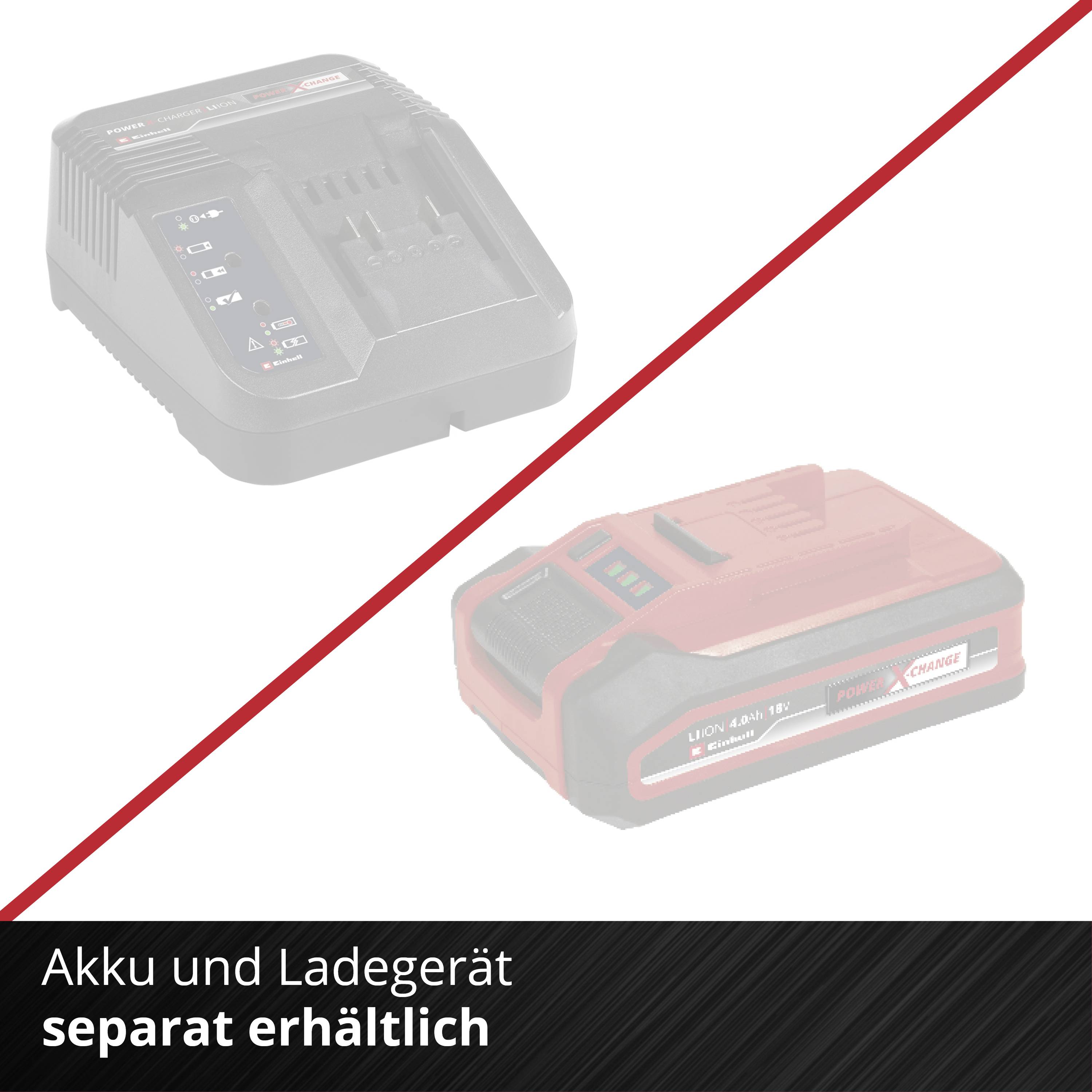 'Akku und Ladegerät separat erhältlich' mit Abbildung des Ladegeräts und Akkus auf schwarz-weißem Hintergrund. Akku farbig hervorgehoben.