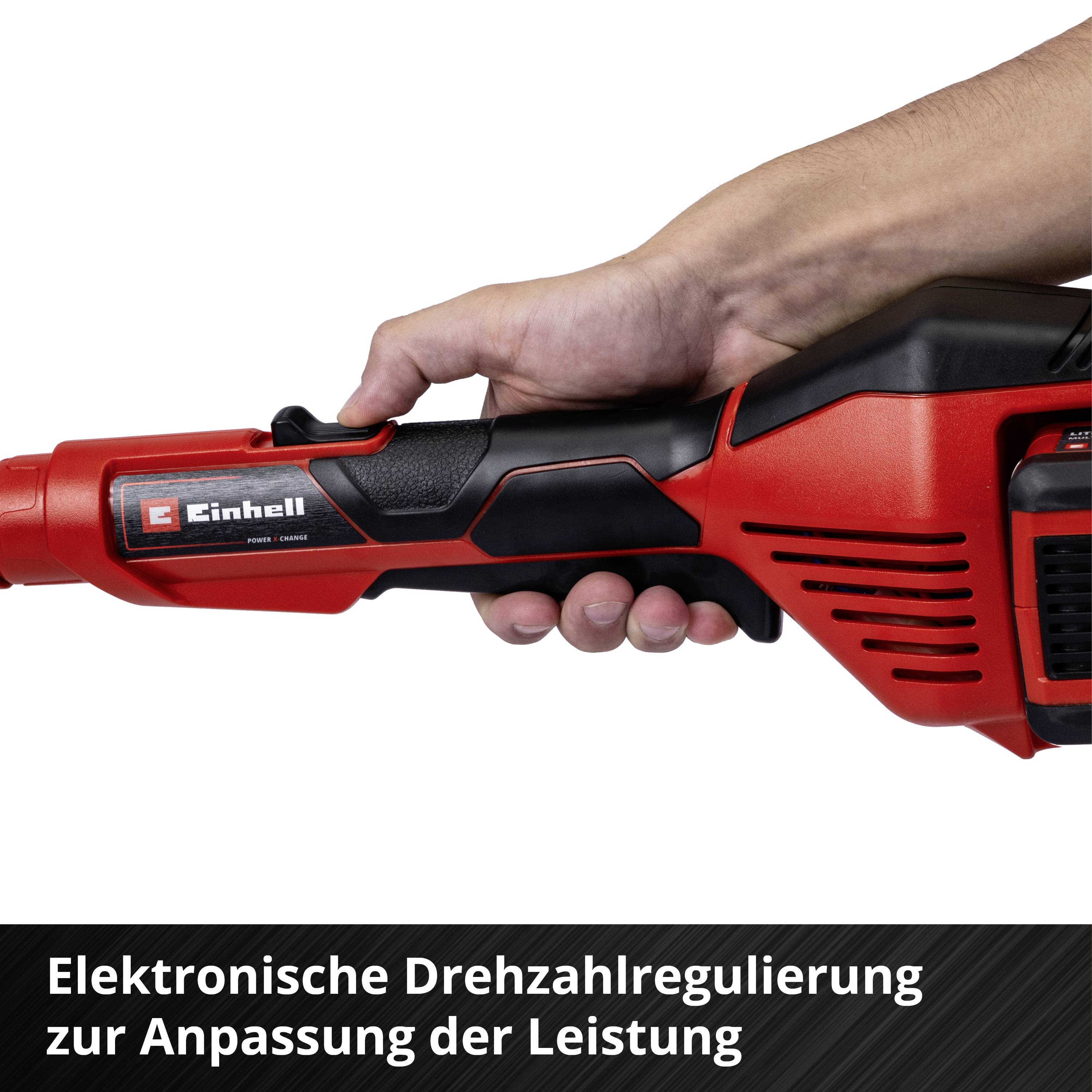Hand hält einen roten Elektro-Drehschlagschrauber mit dem Logo eines bekannten Werkzeugherstellers. Text betont Drehzahlregulierung.