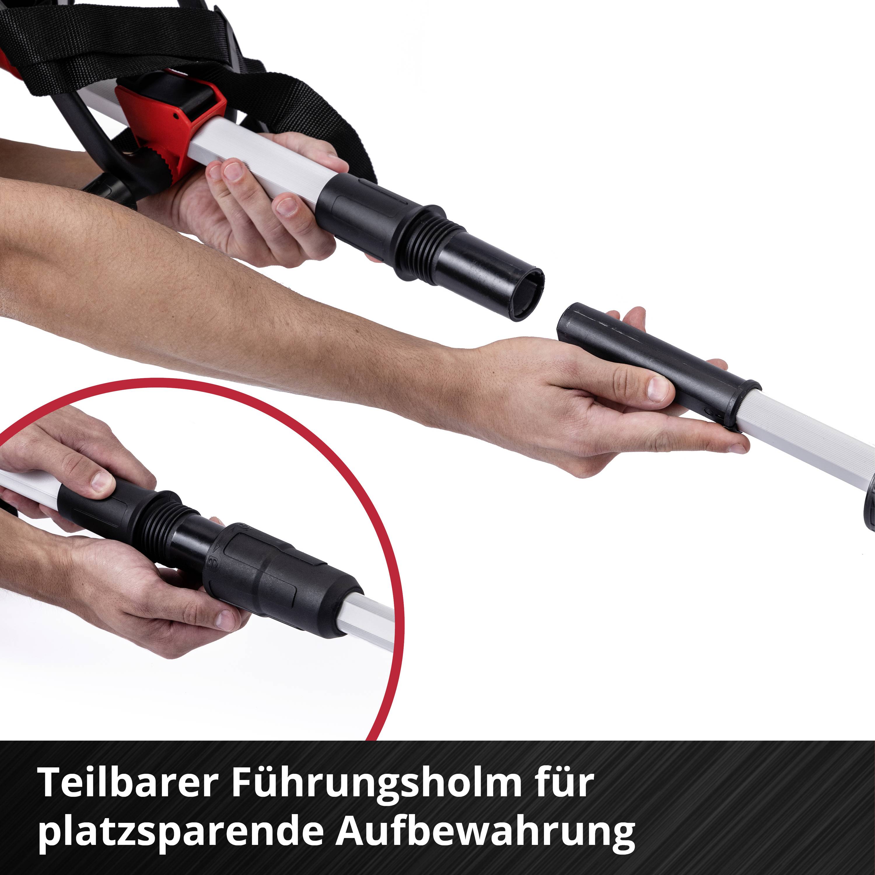 Eine Person hält einen geteilten Führungsholm eines Reinigungsgeräts. Text: 'Teilbarer Führungsholm für platzsparende Aufbewahrung'.