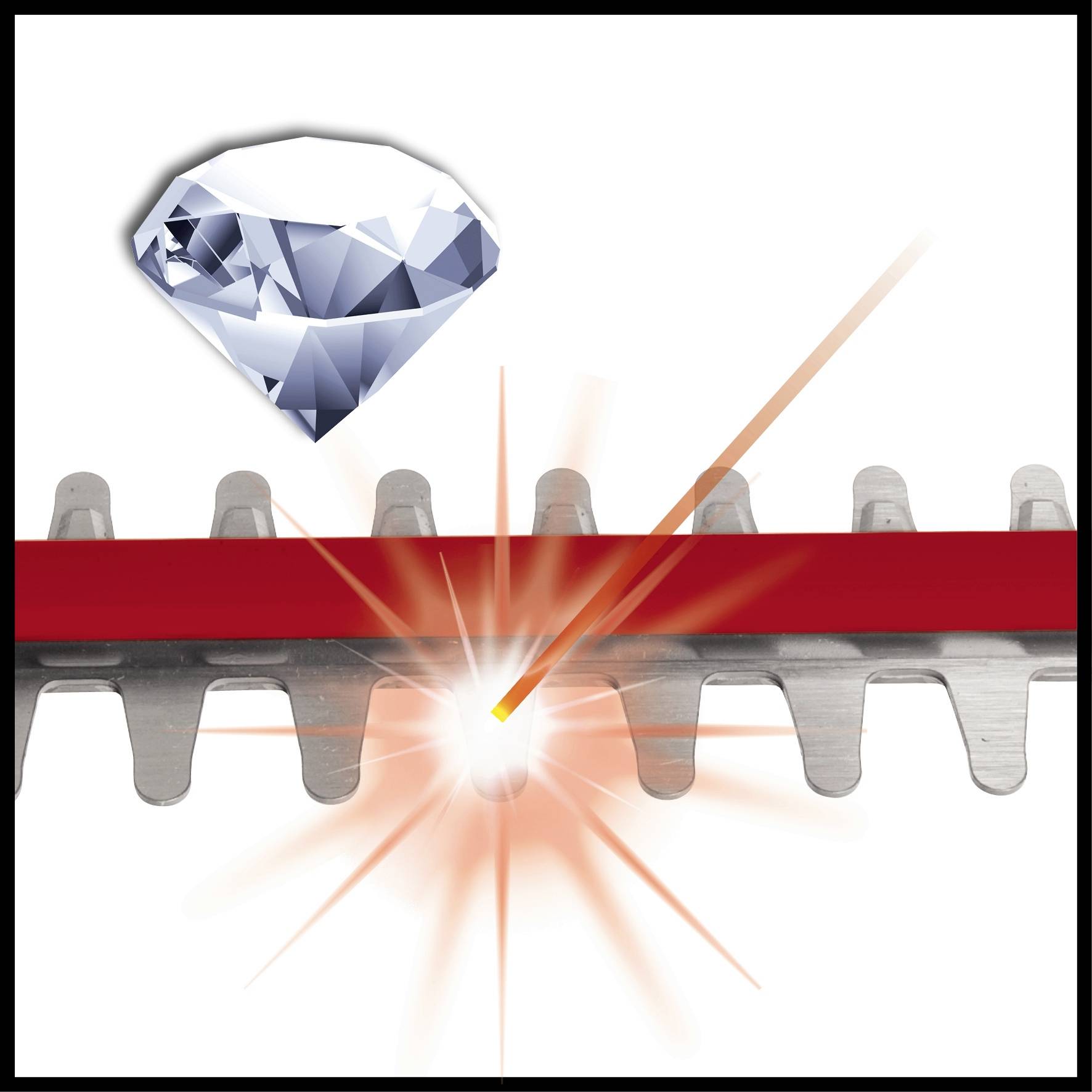 Schneidemechanismus mit roten Zähnen und Funkenbildung, darüber ein schwebender Diamant. Symbolisiert scharfe und präzise Schneidtechnik.