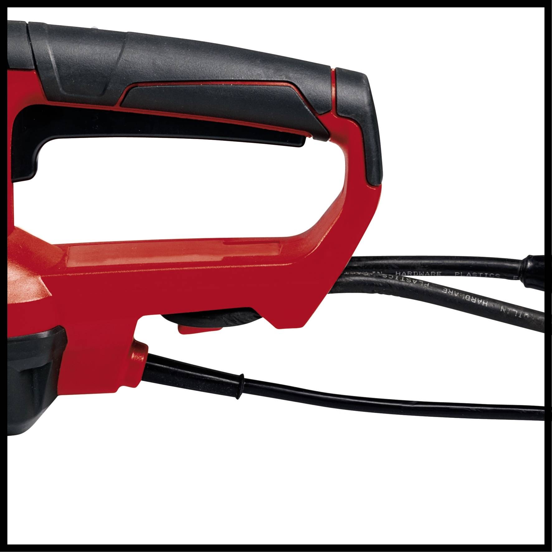 Haltegriff eines roten Elektrowerkzeugs mit schwarzem Griff und Kabel.