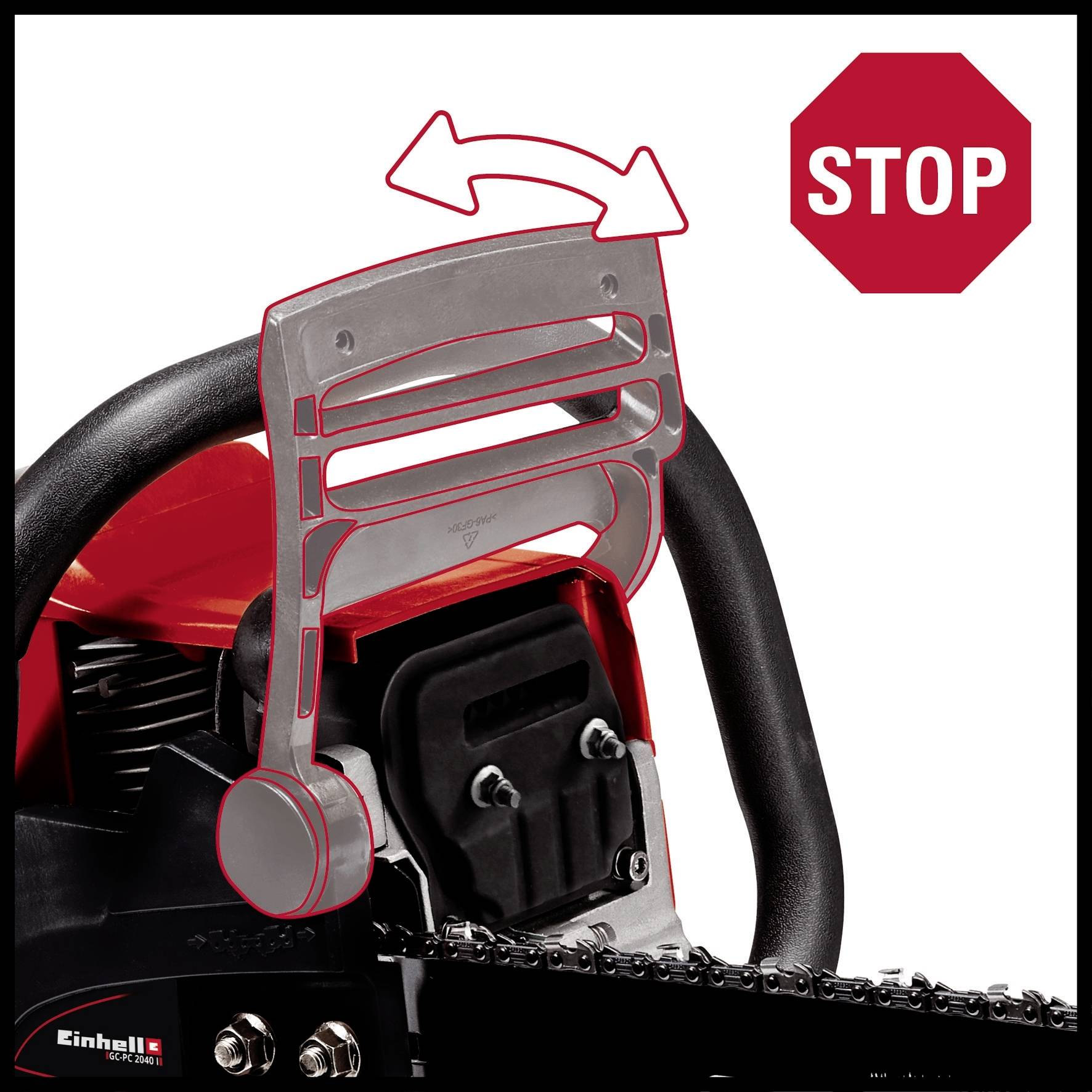 Eine Motorsäge mit rotem Stoppschild. Ein Pfeil zeigt auf die Rückwärtsbewegung der Kettenbremse als Sicherheitsfunktion.