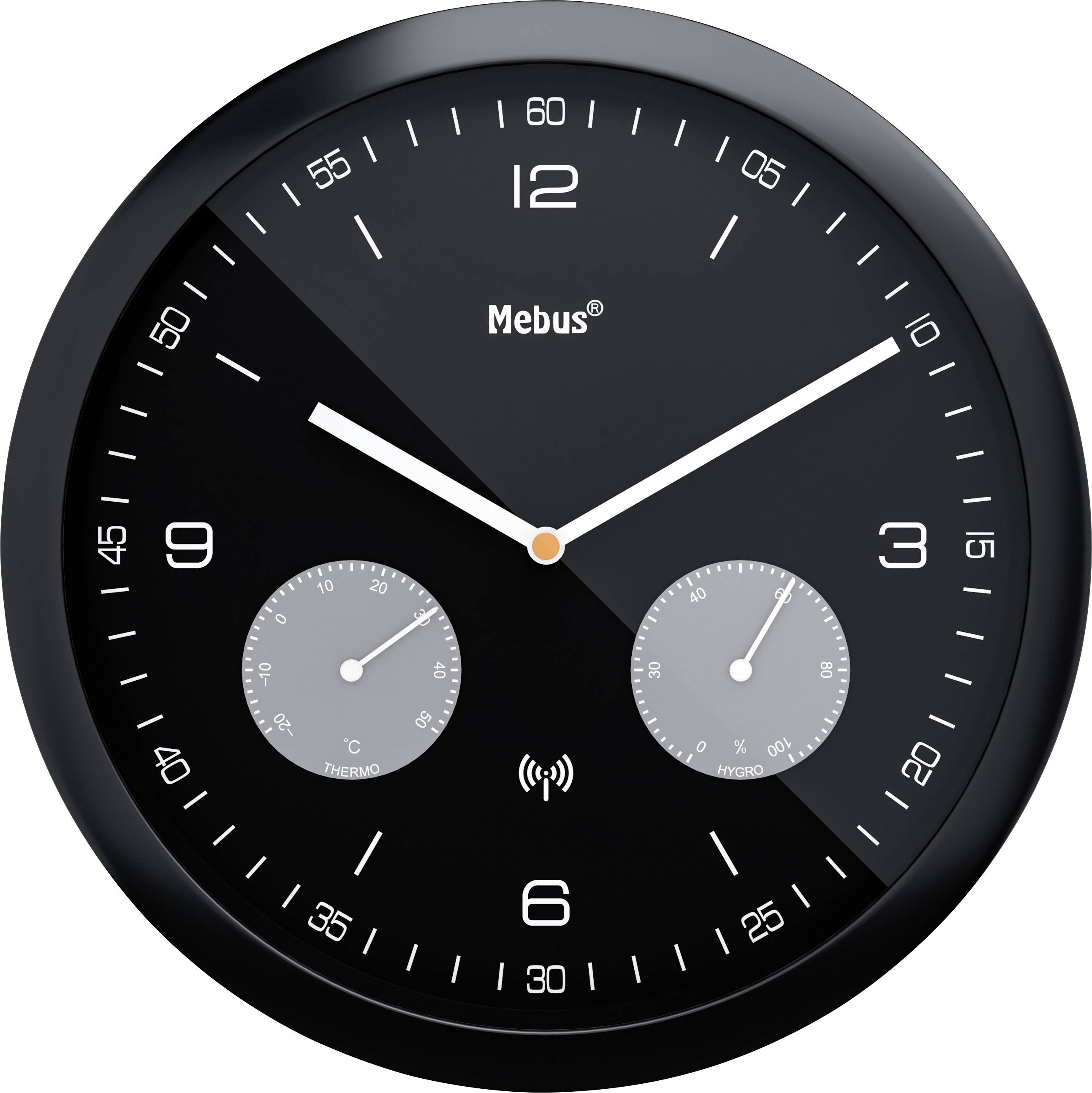 Eine runde, schwarze Wanduhr mit weißen Zeigern und Zahlen, die 10:10 anzeigt. Verfügt über zusätzliche Zifferblätter für Temperatur und Luftfeuchtigkeit.