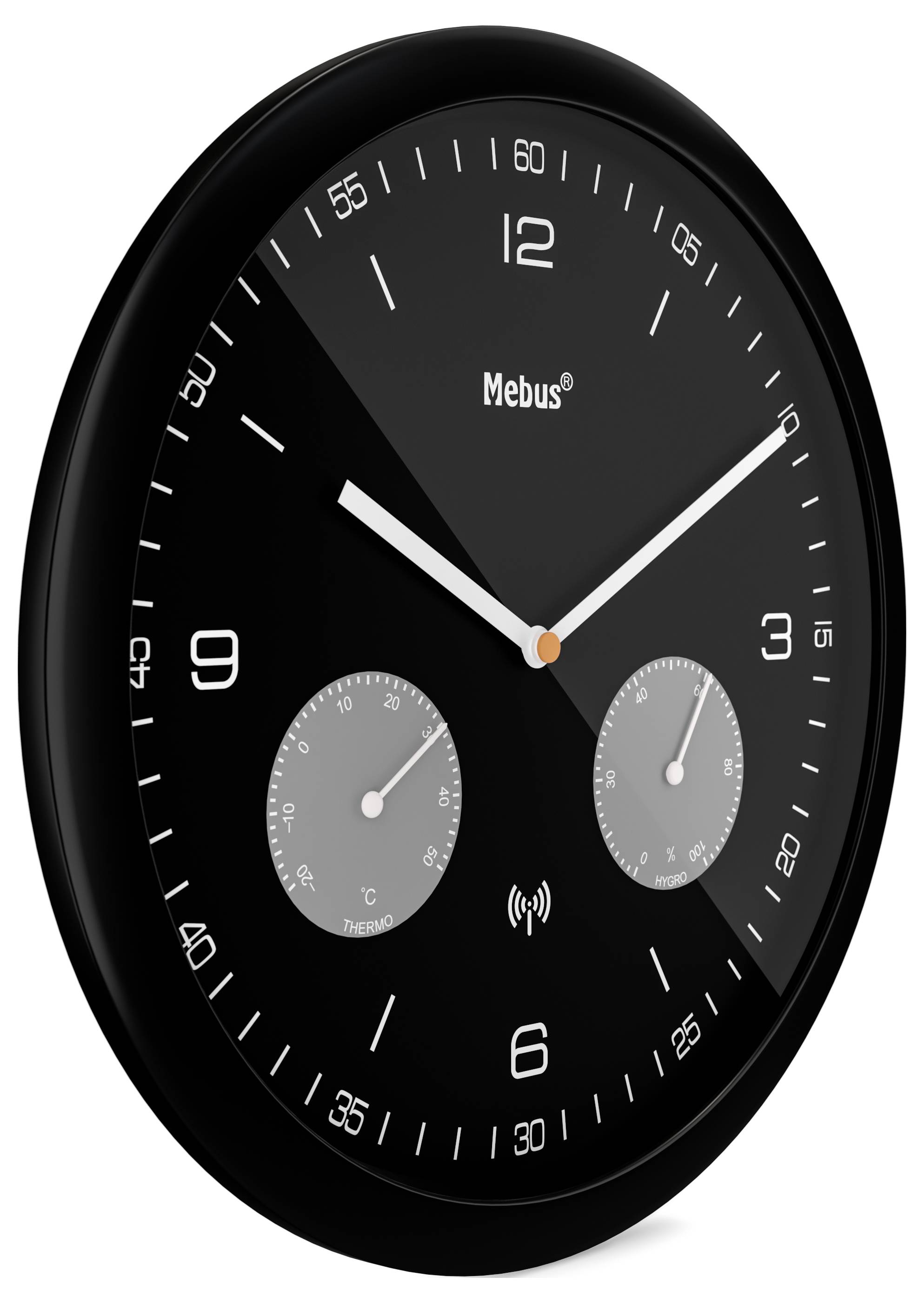 Eine schwarze Wanduhr mit weißen Zeigern und Ziffern, die 10:10 anzeigt. Sie hat zwei zusätzliche kleinere Zifferblätter für Tag und Temperatur.