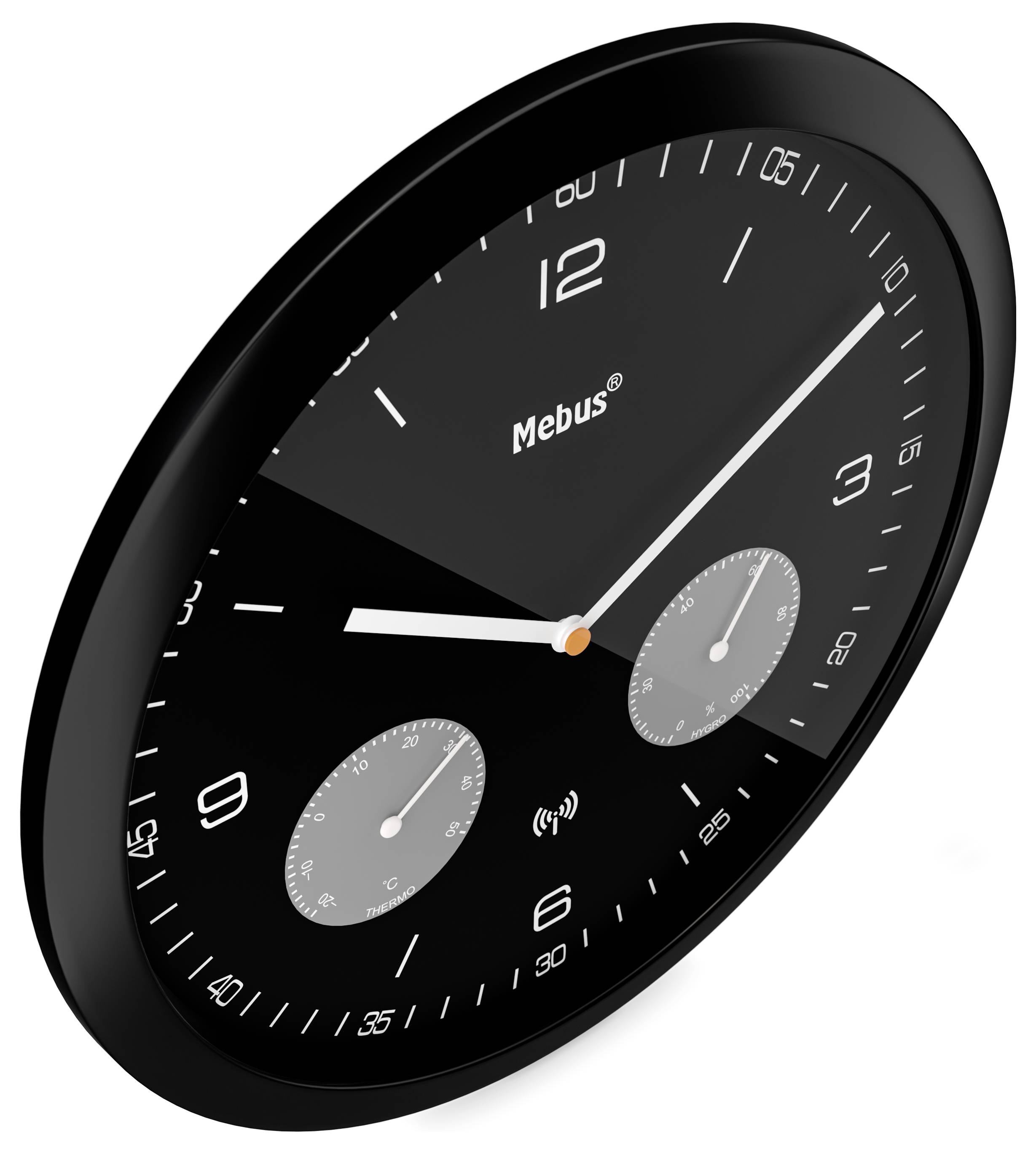 Eine schlanke schwarze Wanduhr mit weißen Stunden- und Minutenzeigern, die zwei kleinere Zifferblätter auf dem Uhrengesicht aufweist und Zeitmarkierungen anzeigt.