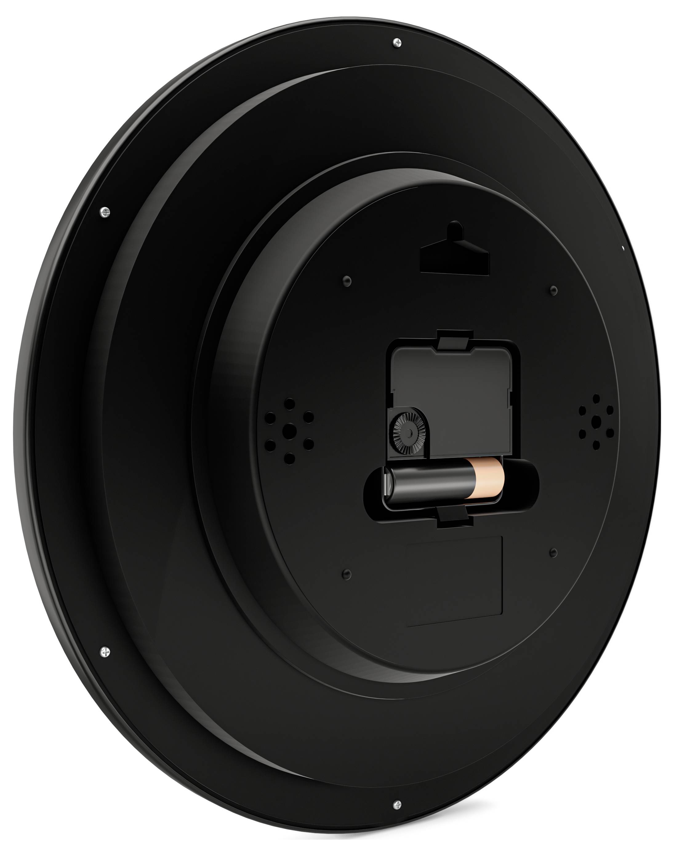 Eine runde schwarze Wanduhr von hinten betrachtet, die das Batteriefach mit einer eingebauten Batterie zeigt.
