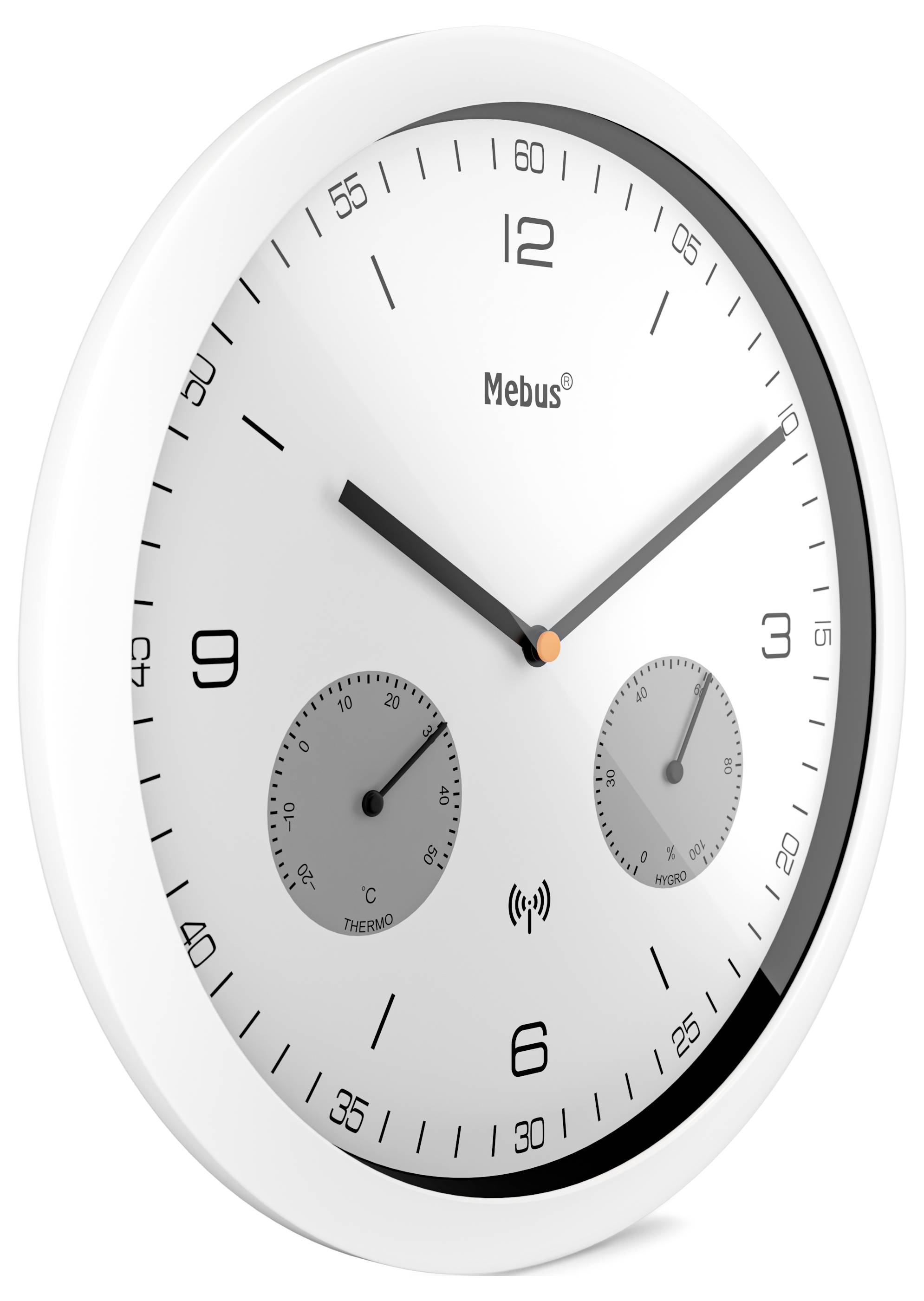 Eine runde, weiße analoge Wanduhr, die die Uhrzeit mit schwarzen Stunden- und Minutenzeigern anzeigt. Zusätzliche Zifferblätter zeigen Temperatur und Luftfeuchtigkeit an.