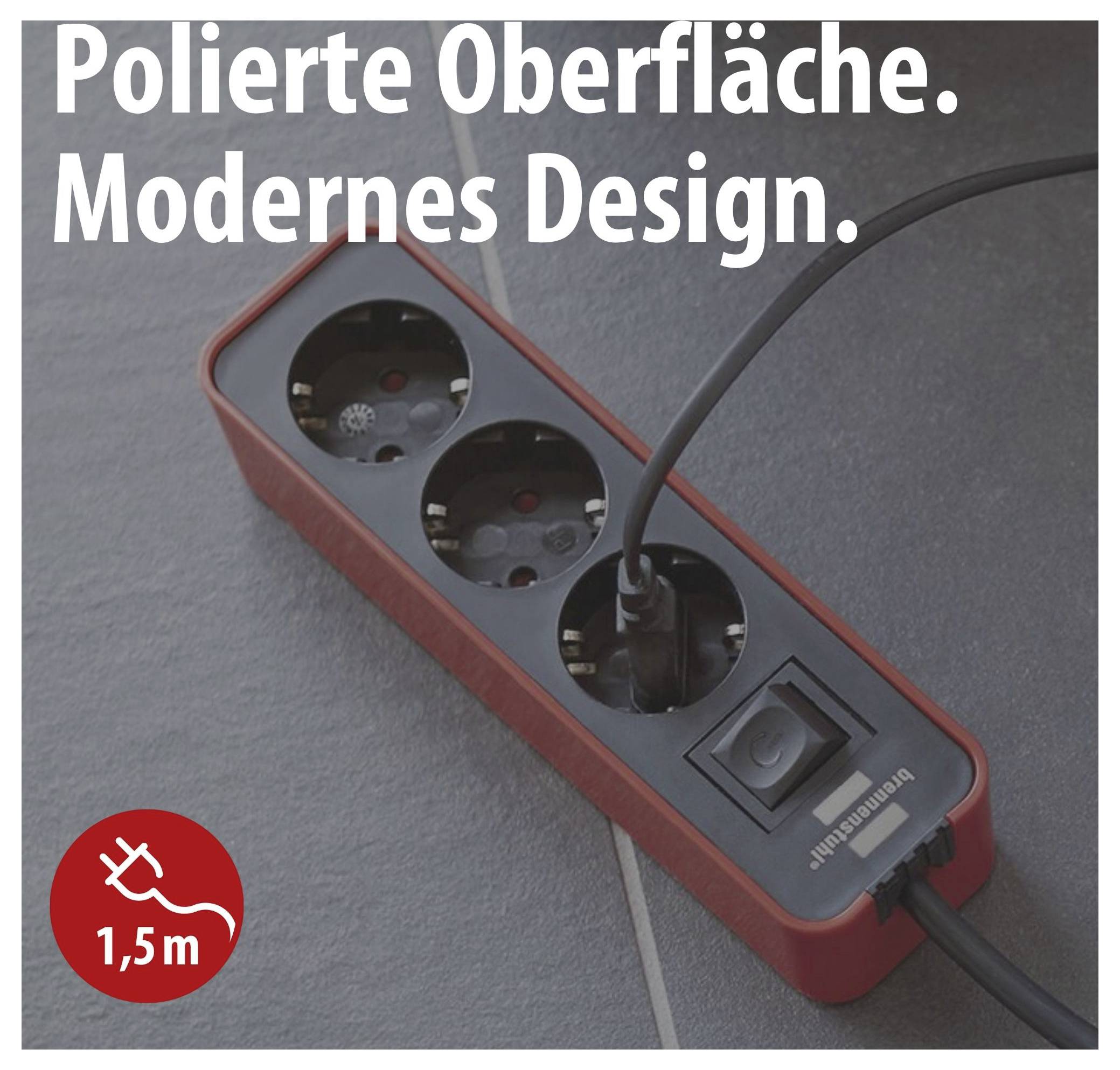 Rote Steckdosenleiste mit schwarzer Abdeckung und angeschlossenem Kabel; Text 'Polierte Oberfläche. Modernes Design.' sowie Hinweis '1,5 m'.