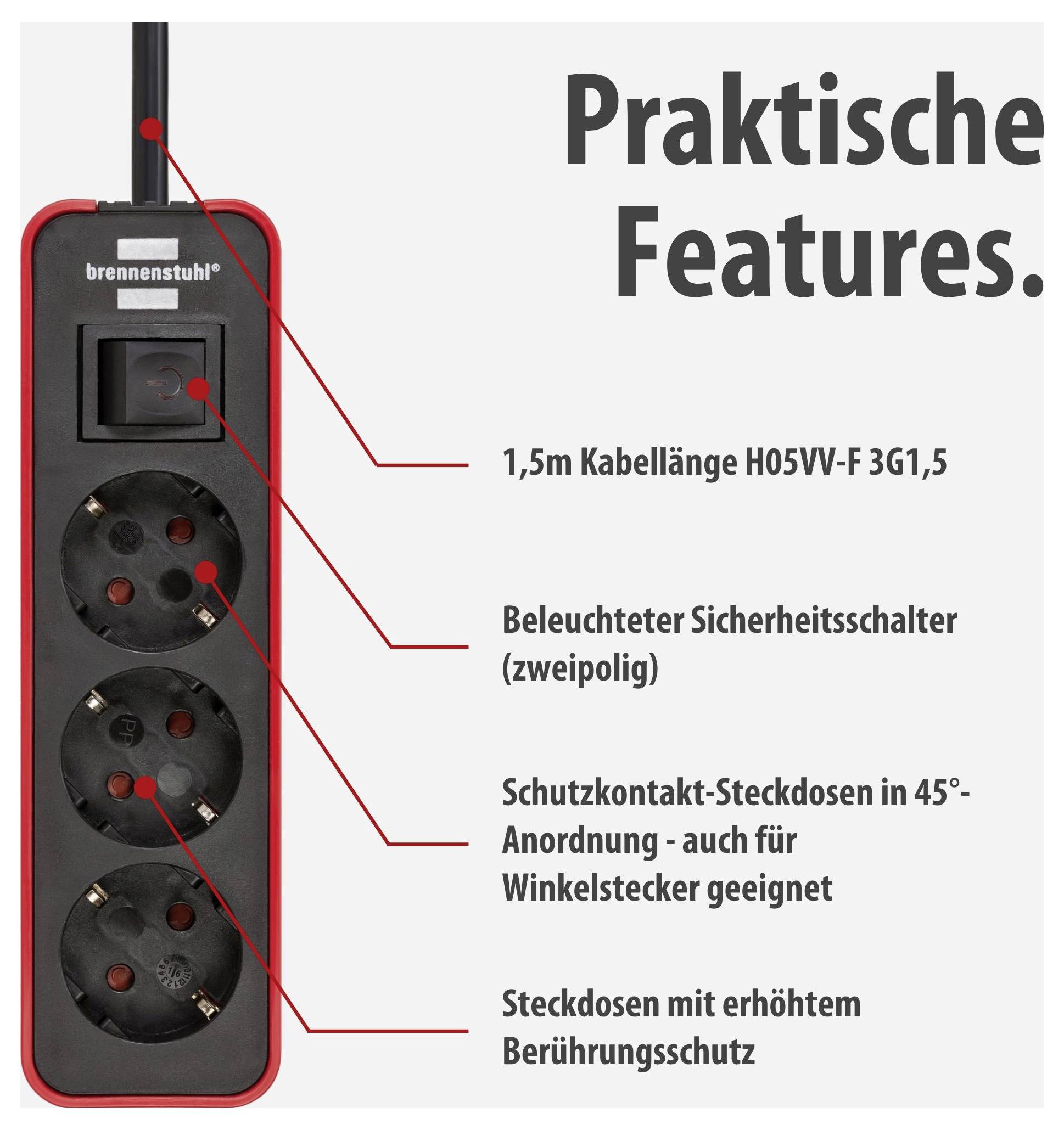 Produktgrafik einer Steckdosenleiste mit 'Praktische Features': 1,5 m Kabel, beleuchteter Sicherheitsschalter, 45°-Steckdosen und erhöhter Berührungsschutz.