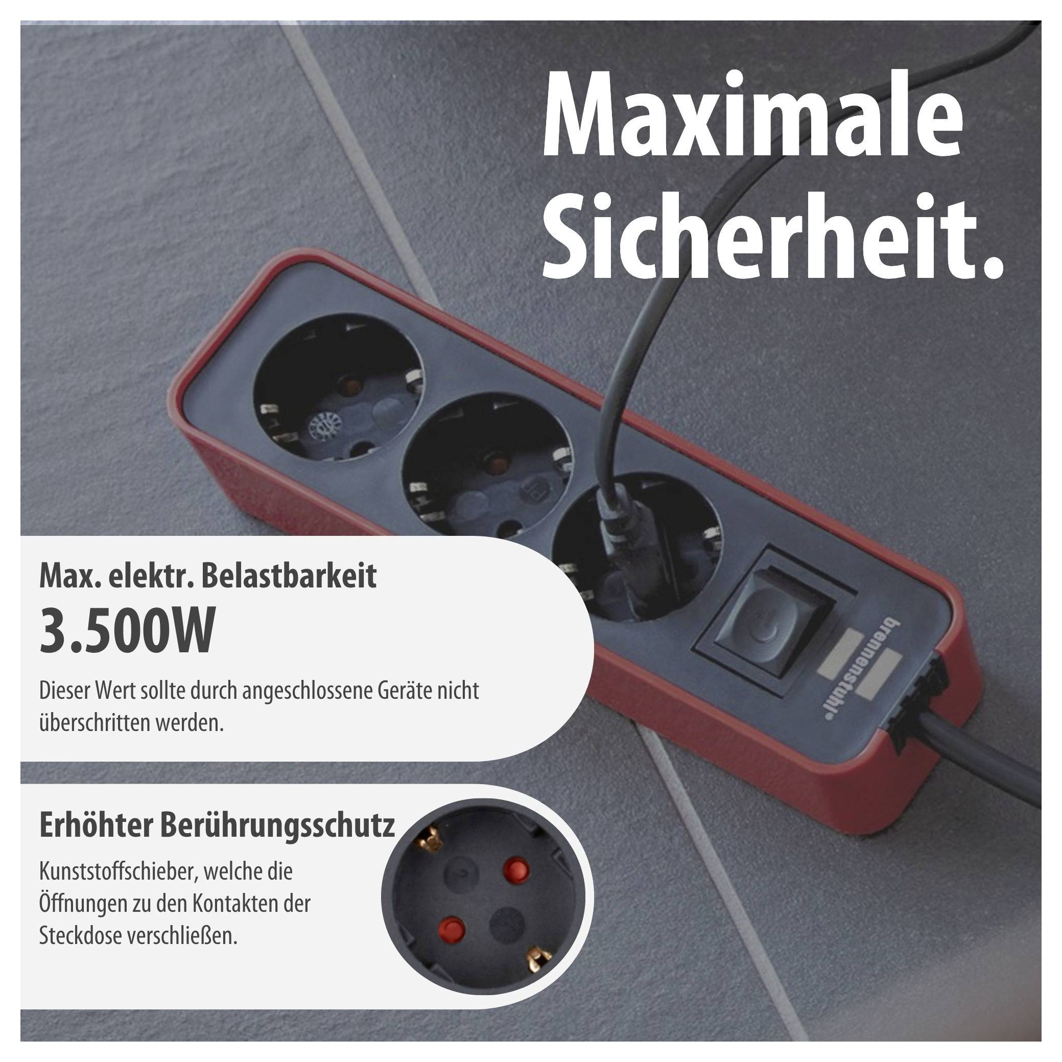 Werbeabbildung einer roten Steckdosenleiste mit den Hinweisen 'Maximale Sicherheit.', '3.500W' und 'Erhöhter Berührungsschutz'.
