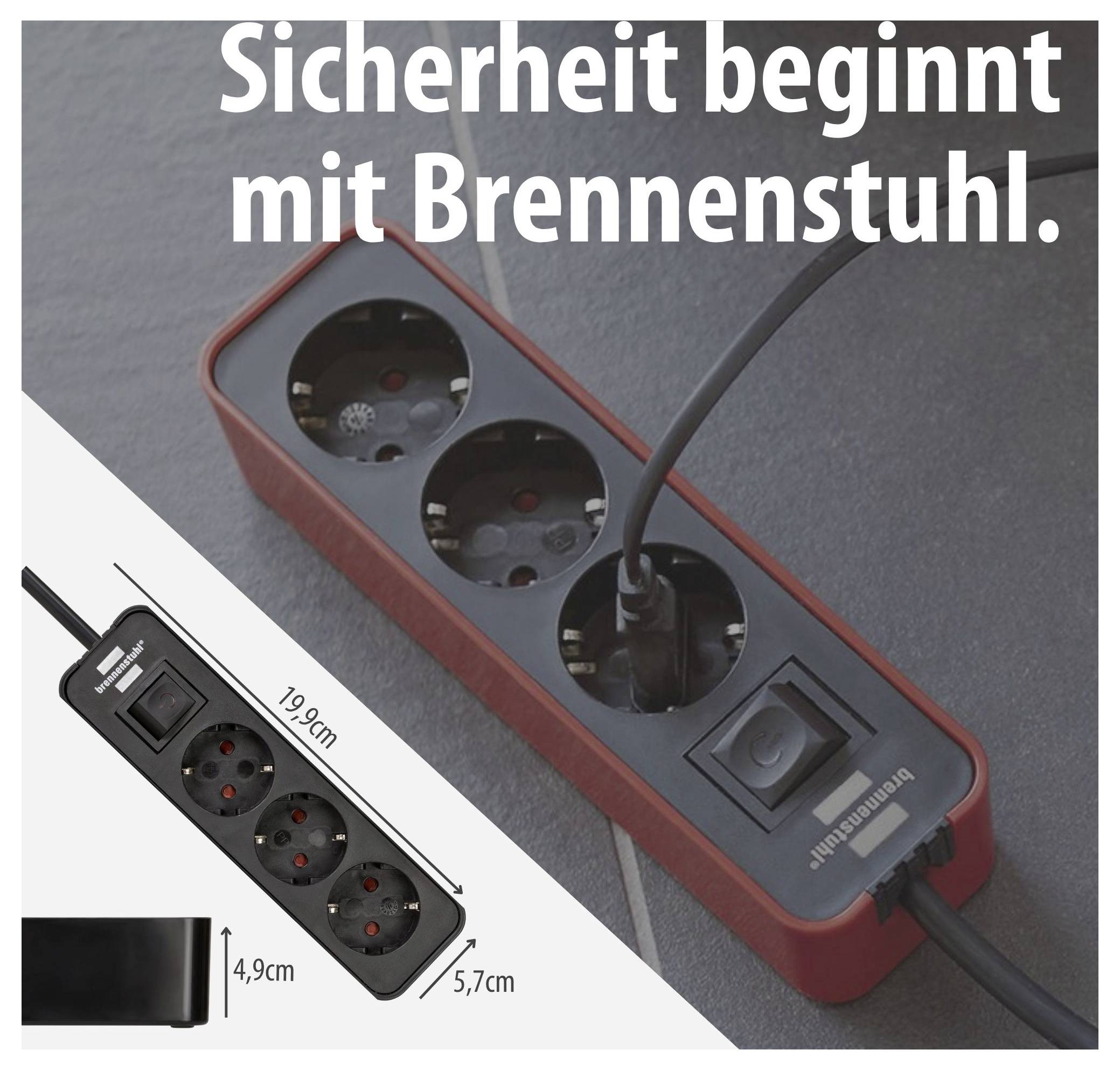 Mehrfachsteckdose mit vier Steckplätzen und Schalter; Text: 'Sicherheit beginnt mit Brennenstuhl.' Maße 19,9 cm, 4,9 cm und 5,7 cm.