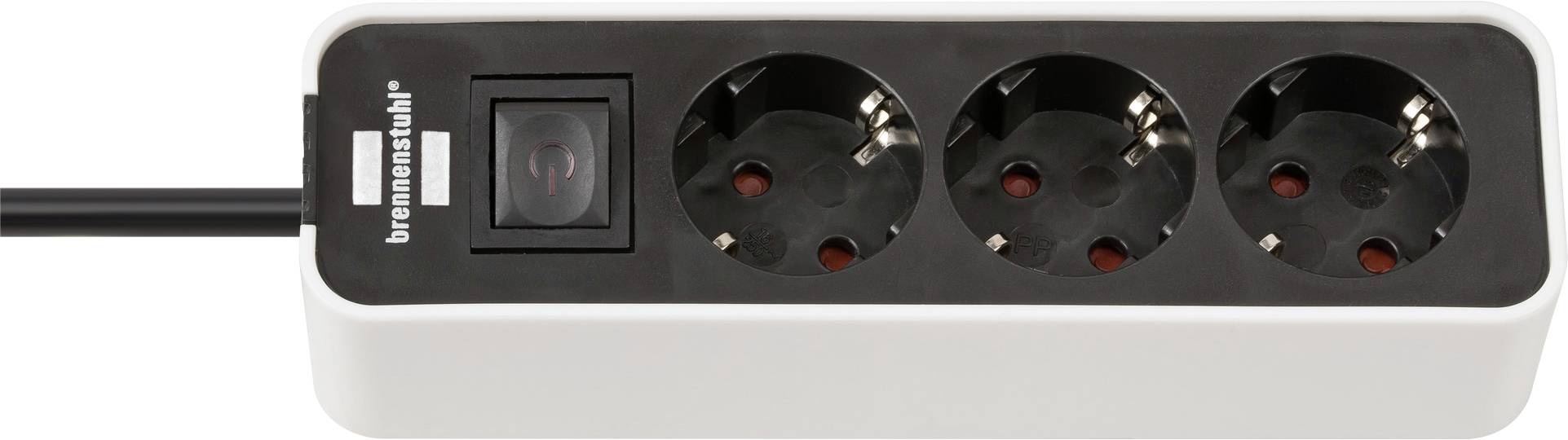Eine weiße Steckdosenleiste mit ein-/ausschalter und drei schwarzen Schuko-Steckdosen.