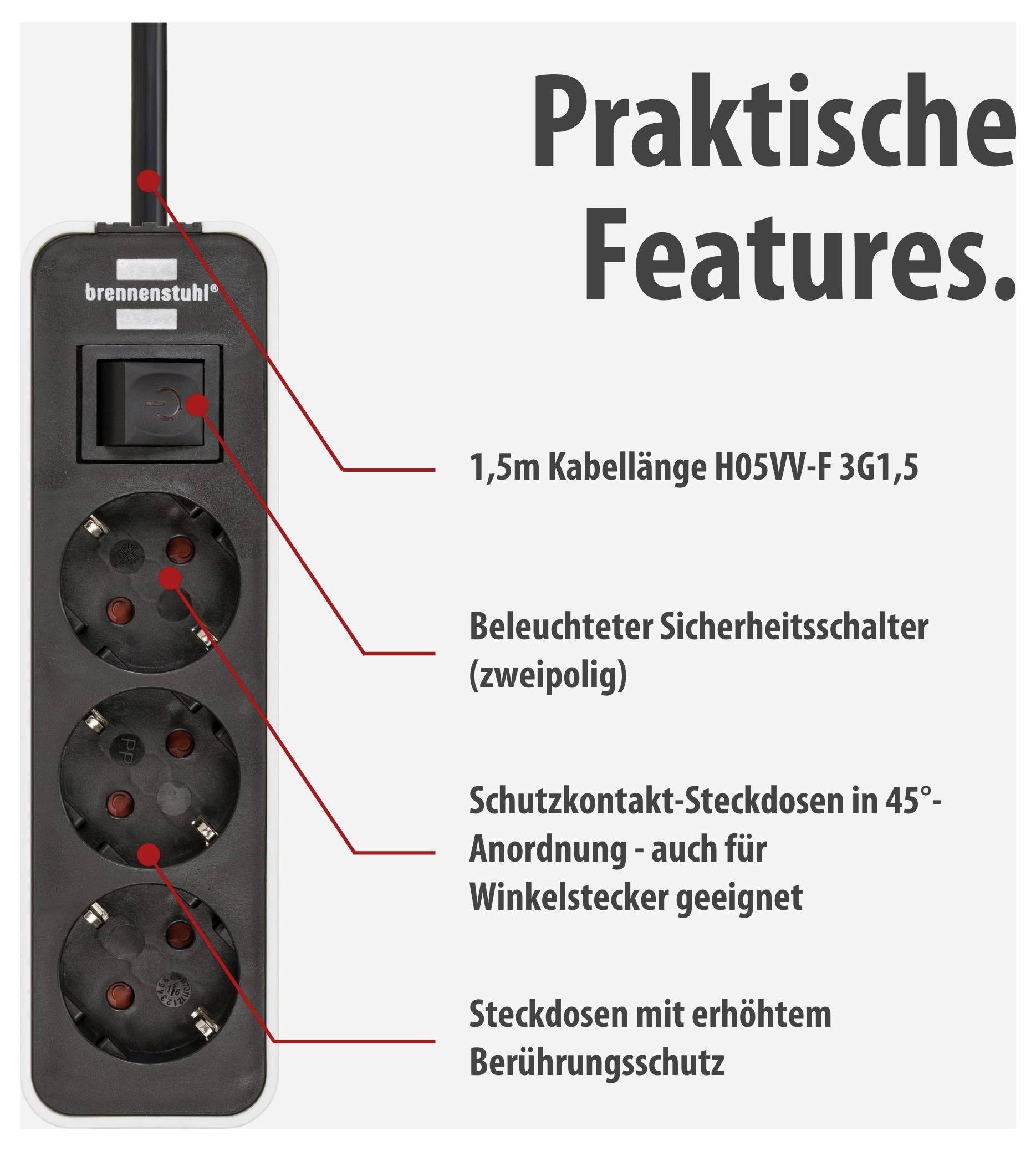 Werbeabbildung einer Mehrfachsteckdose mit den 'Praktische Features': 1,5 m Kabel, beleuchteter Sicherheitsschalter, 45°-Steckdosen und erhöhter Berührungsschutz.