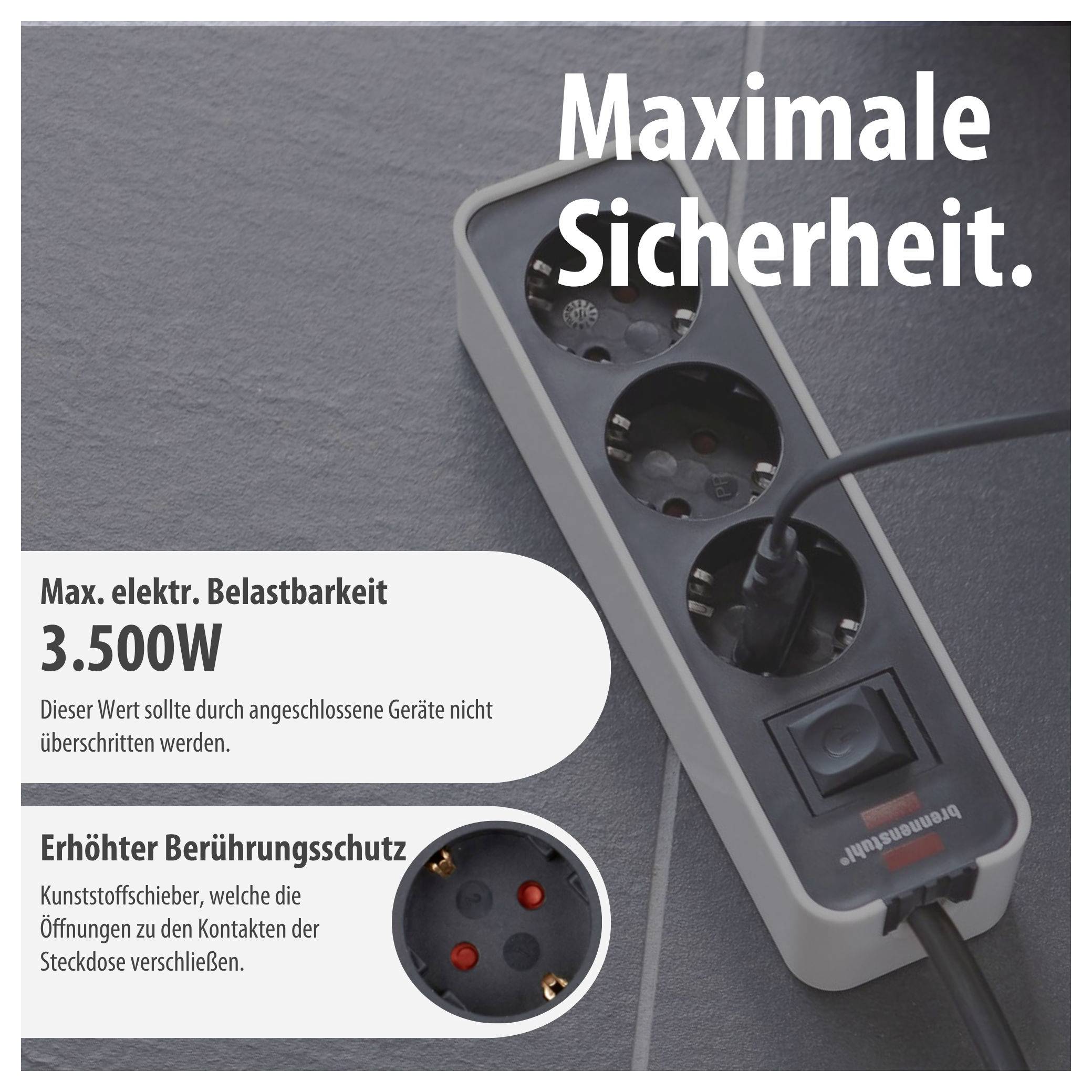 Werbebild einer Steckdosenleiste mit eingestecktem Kabel; Text: 'Maximale Sicherheit.', maximale elektrische Belastbarkeit 3.500 W, erhöhter Berührungsschutz durch Kunststoffschieber.