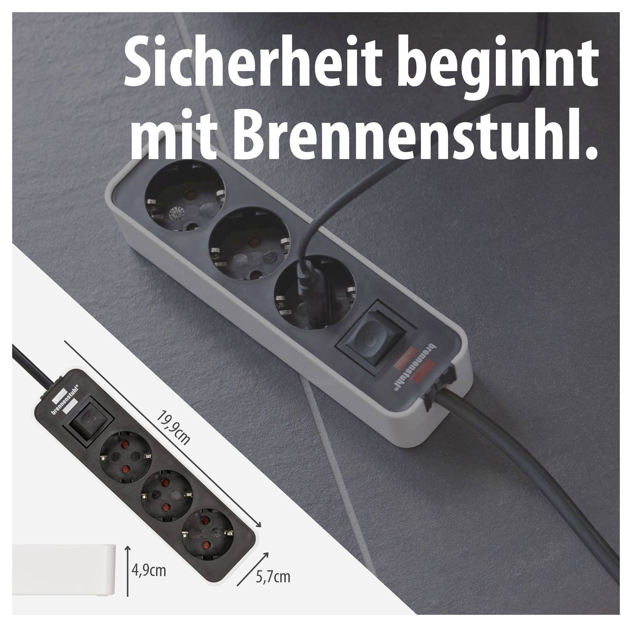 Werbung für Brennenstuhl-Steckdosenleiste mit vier Steckplätzen, Ein-/Ausschalter und Maßangaben 19,9 cm x 4,9 cm x 5,7 cm; Text: 'Sicherheit beginnt mit Brennenstuhl.'