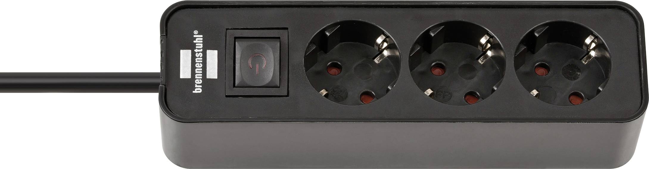 Schwarze Steckdosenleiste mit drei runden Steckdosen, einem roten Ein-/Ausschalter und einem angeschlossenen Kabel auf der linken Seite.